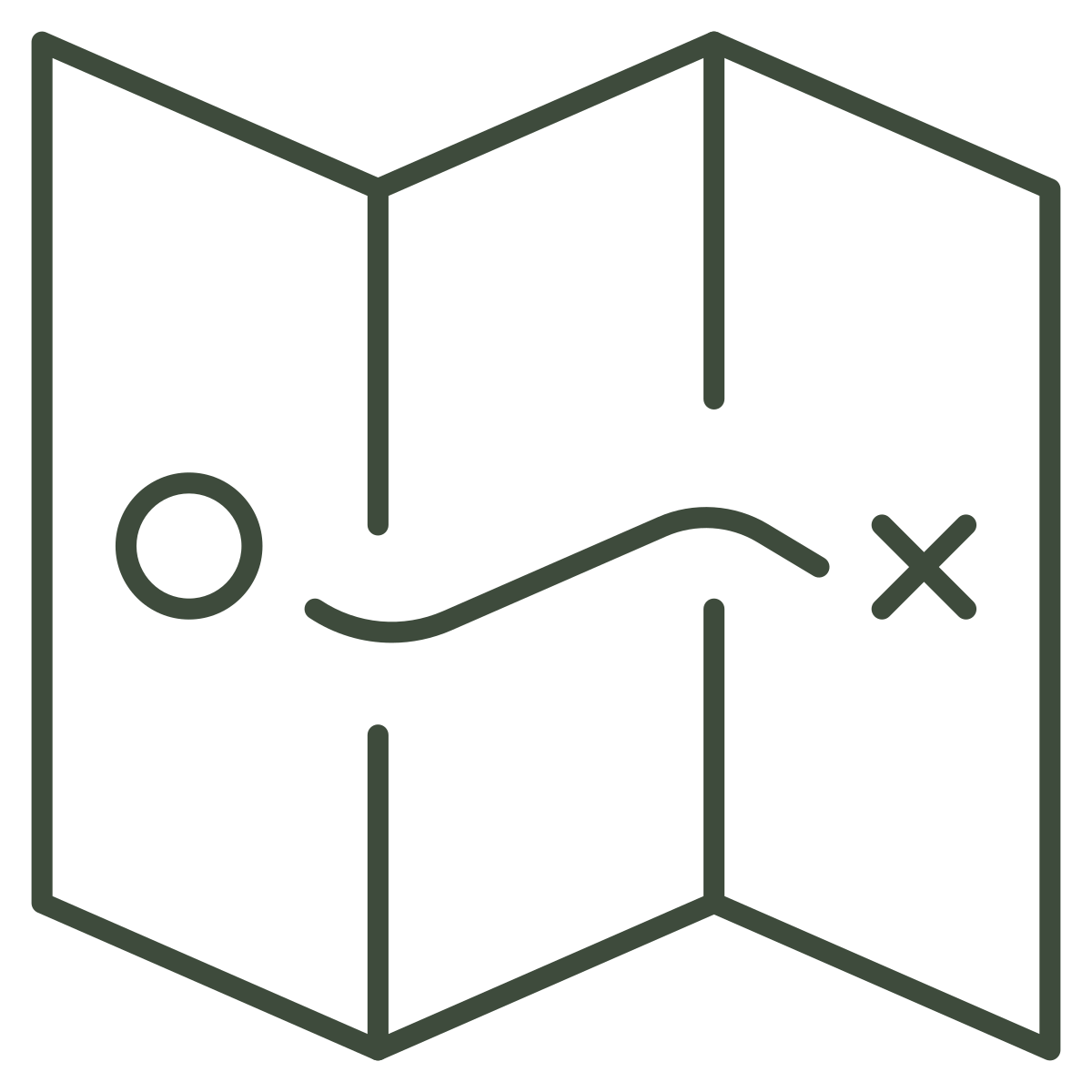 A stylized map with a route marked by a curved line connecting a circle and a cross symbol.