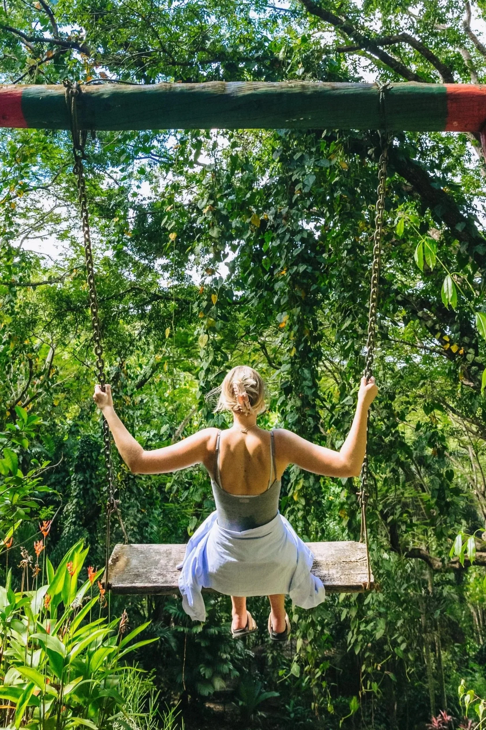 Woman sitting on wooden swing surrounded by lush tropical rainforest