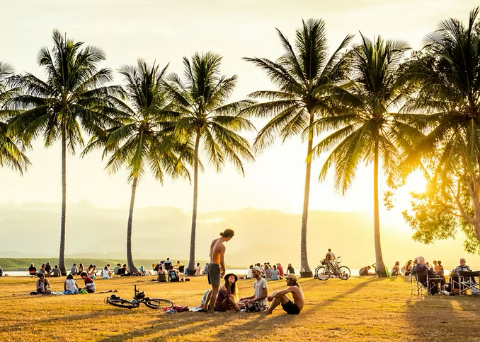 Palm-lined sunset view over the Coral Sea at Rex Smeal Park