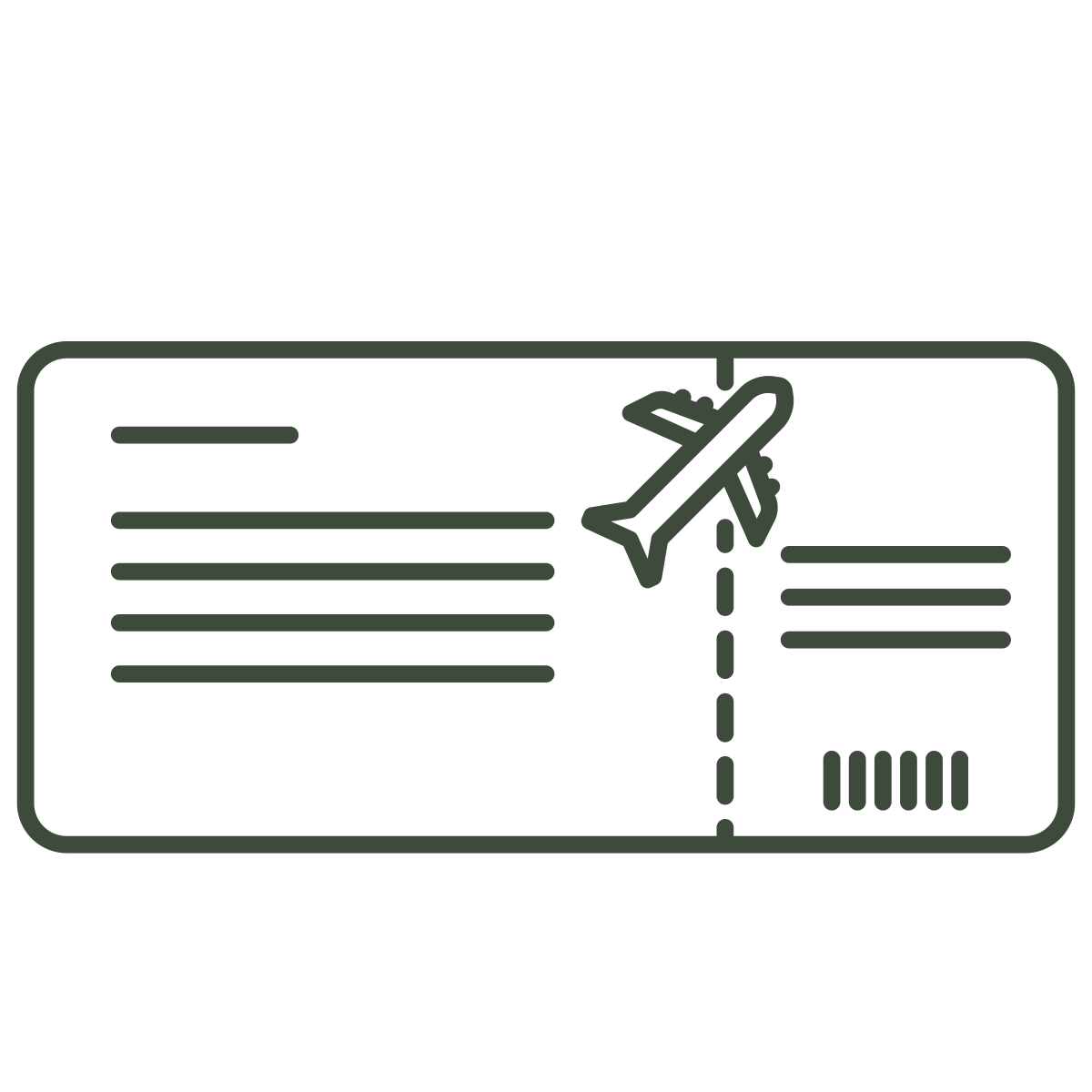Outline drawing of an airplane ticket with a dotted line for boarding pass, an airplane icon, and space for flight information.