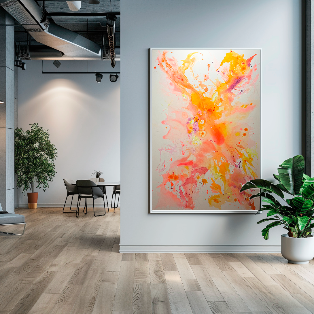 Moderne Kunstgalerie mit abstraktem Gemälde in Ocker- und Rosatönen an weißer Wand, umgeben von Pflanzen und Holzfußboden.