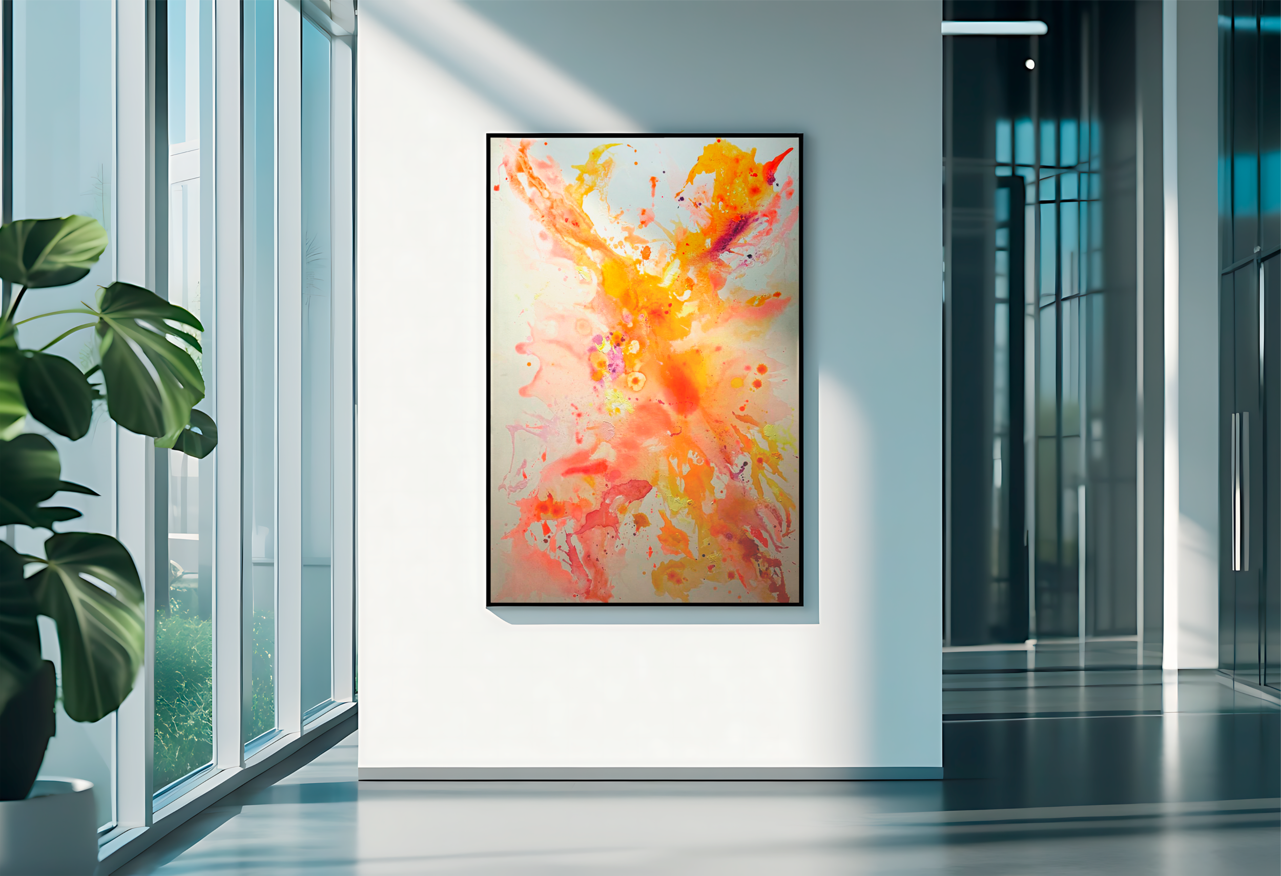 Moderne Kunstgalerie mit abstraktem Gemälde in warmen Farben, weiße Wände, große Fenster, viel Tageslicht, Pflanzen und dunkle Flur im Hintergrund.