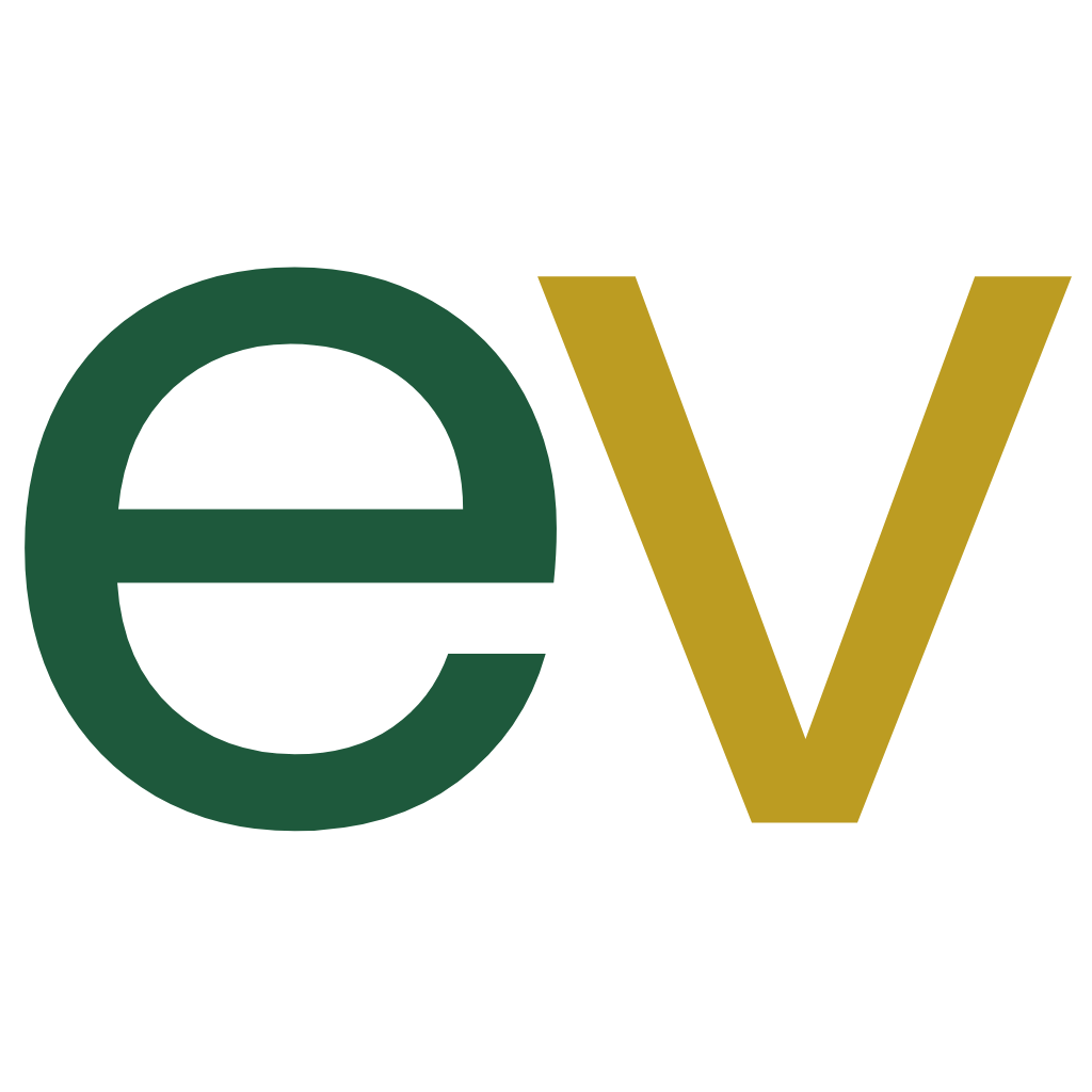 Green and gold logo with stylized letters 'e' and 'v'