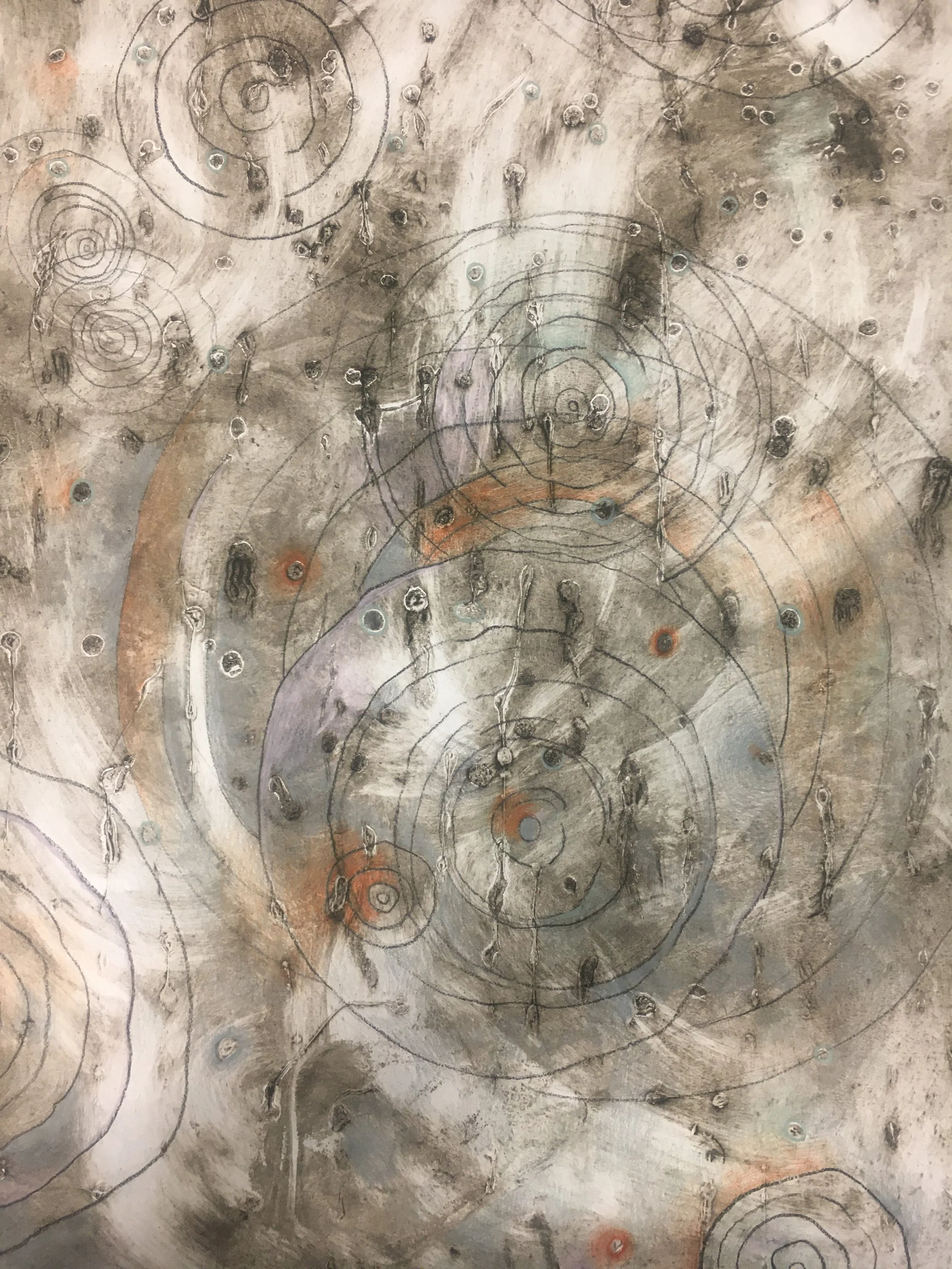 I found some of my WIP shots from my 2021 piece:

creatively use and respond to change (break the tension)
---
The textures, the bubbles and drips are created by a method of printmaking called "collograph" printing, which involves building 