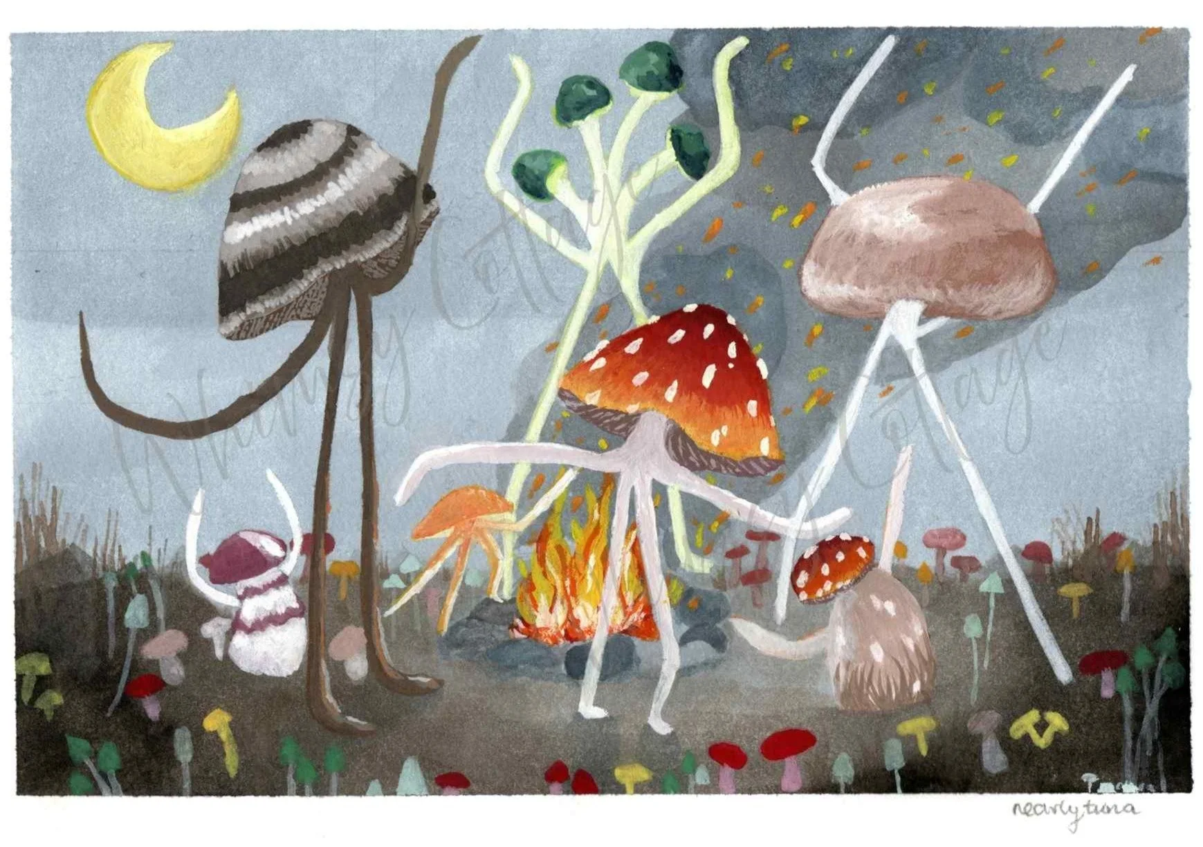 Underneath a crescent moon, the mycelial council dance among the stars and the smoke - calling out to the atmosphere for humidity and abundant organic matter to feed on.

Fruiting in darkened biomes, creeping throughout moisture filled grottos and sp
