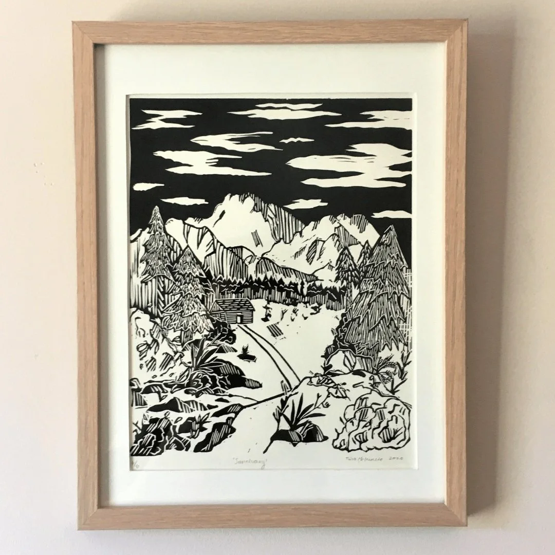 Sanctuary (2020)
Linocut, 25x32.5 cm
Edition of 6 - There's a couple of these left!

A cozy cabin in the woods is a universal symbol for relaxation and retreat. Escaping to the woods is often a joke we make when life is getting tough. But in a world 