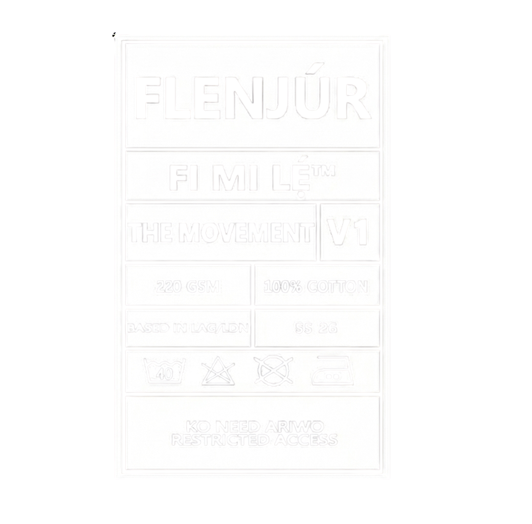 Clothing label for a garment named FLENJÚR, style FI MÍ LÊ™, model THE MOVEMENT V1, made of 100% cotton with 220 GSM, based in Laos/Lo, size 55.26, care instructions including machine wash at 40°C, do not bleach, do not tumble dry, and iron at low temperature, with a note that no one needs armo and restricted access.
