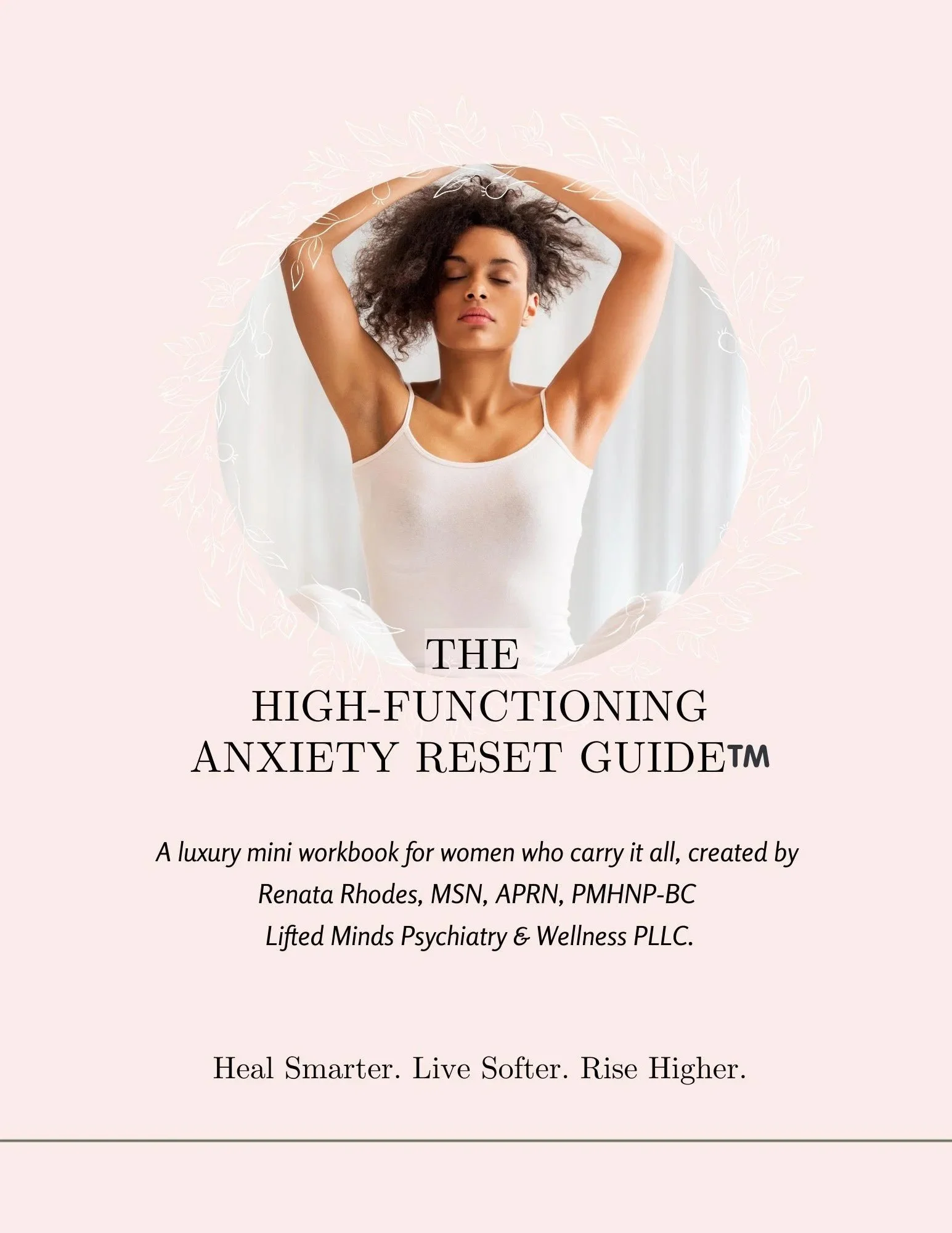 Book cover titled "The High-Functioning Anxiety Reset Guide" featuring a woman with curly hair and closed eyes, holding her arms above her head, with a pink background and floral design.