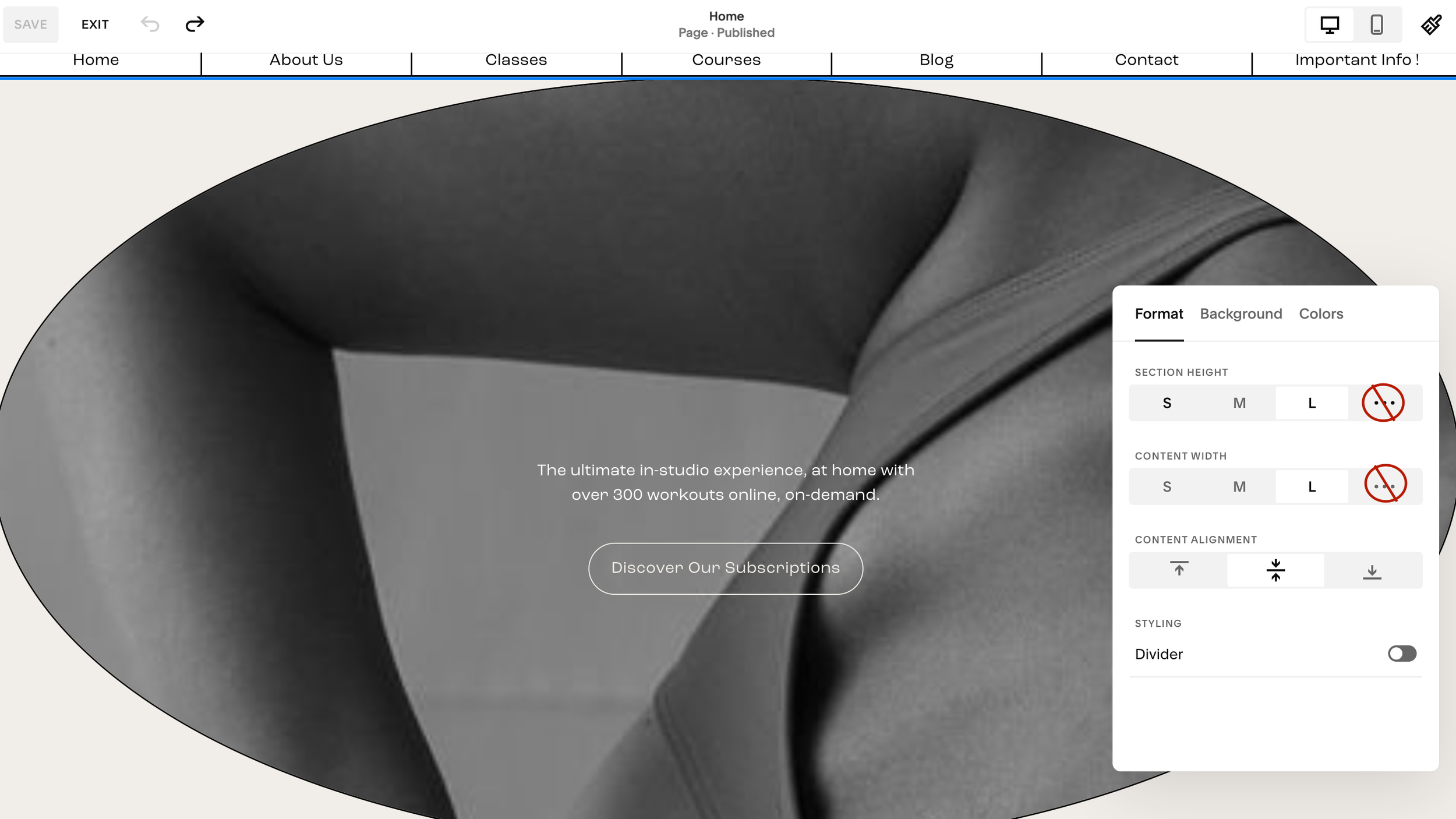 Black and white promotional webpage for an online fitness studio, featuring a close-up of a person's arm and shoulder, with menu options at the top and subscription button below.
