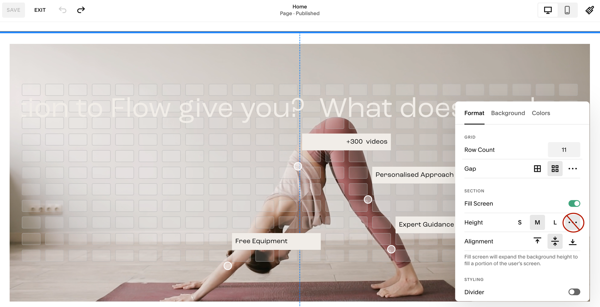 A woman performing a yoga pose on a mat in a room with beige walls and an electrical outlet, with a semi-transparent overlay displaying text about flow and personalized approach.