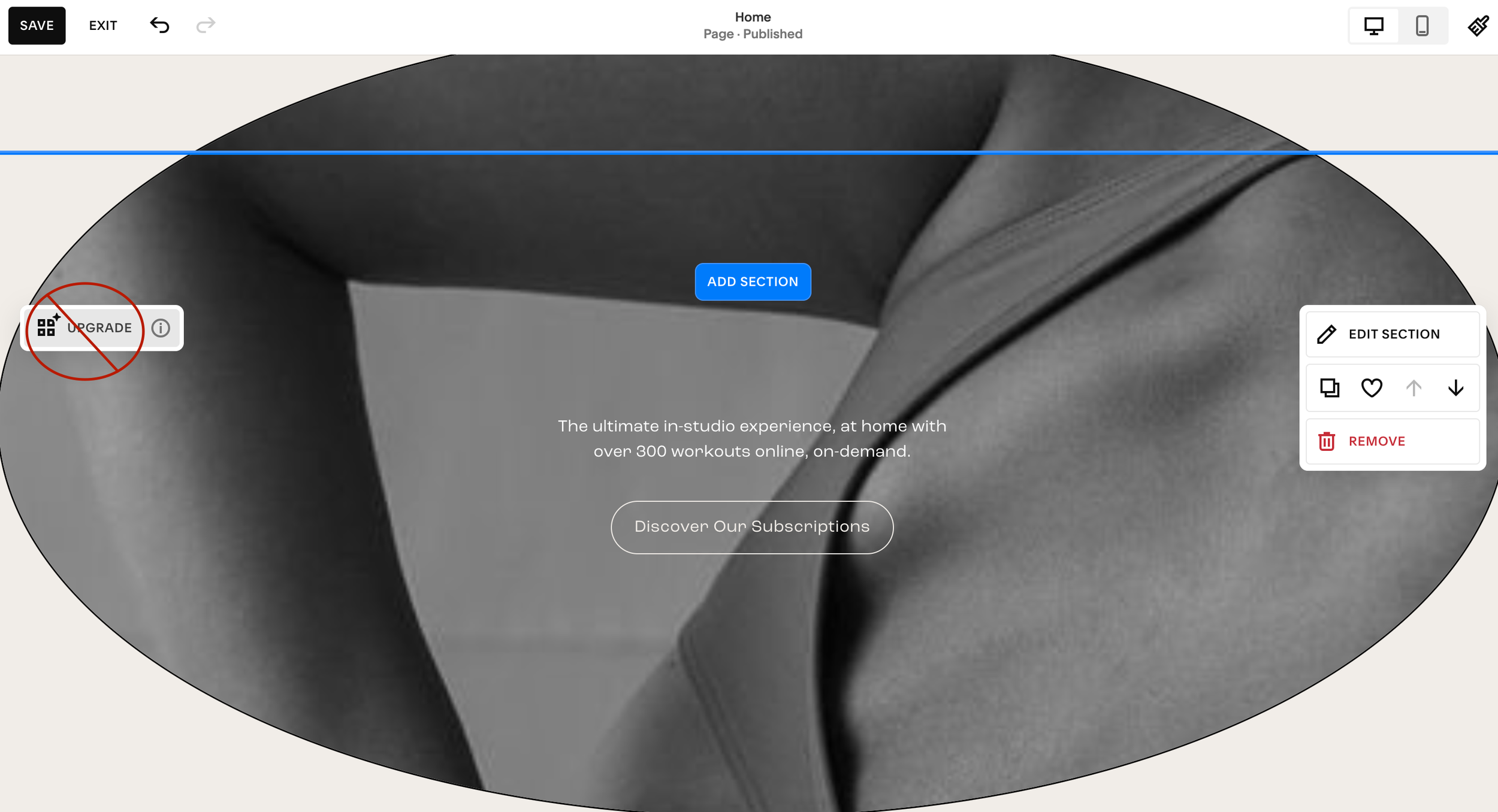 Screenshot of a webpage featuring a monochrome, close-up image of a person's waist and thigh, wearing workout attire. The webpage has several buttons, including 'Save,' 'Exit,' and options to edit or remove sections, with a blue button labeled 'Add Section' and a message about studio experience and workouts.