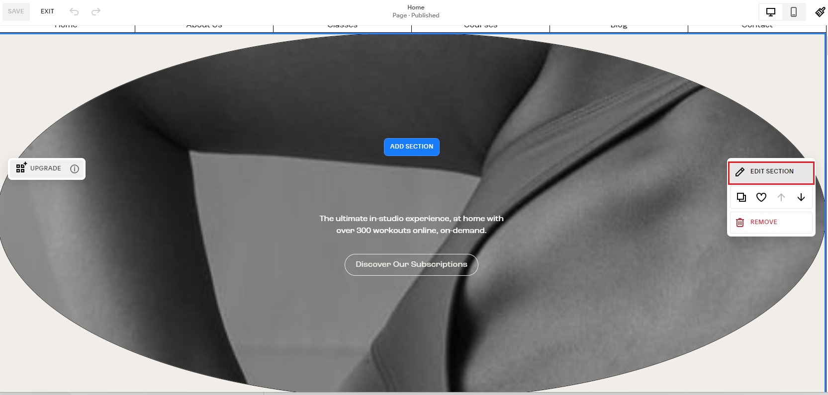 A grayscale photo of a person exercising at home, wearing a dark sports bra. Text overlay promotes online workout subscriptions, with a button labeled 'Discover Our Subscriptions.'