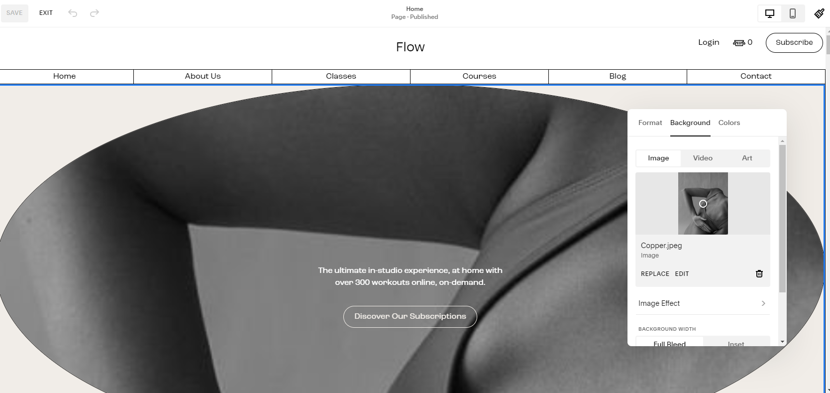 A grayscale website homepage with a large image of a person in workout attire, text promoting in-studio experience and online workouts, and a button to discover subscriptions.