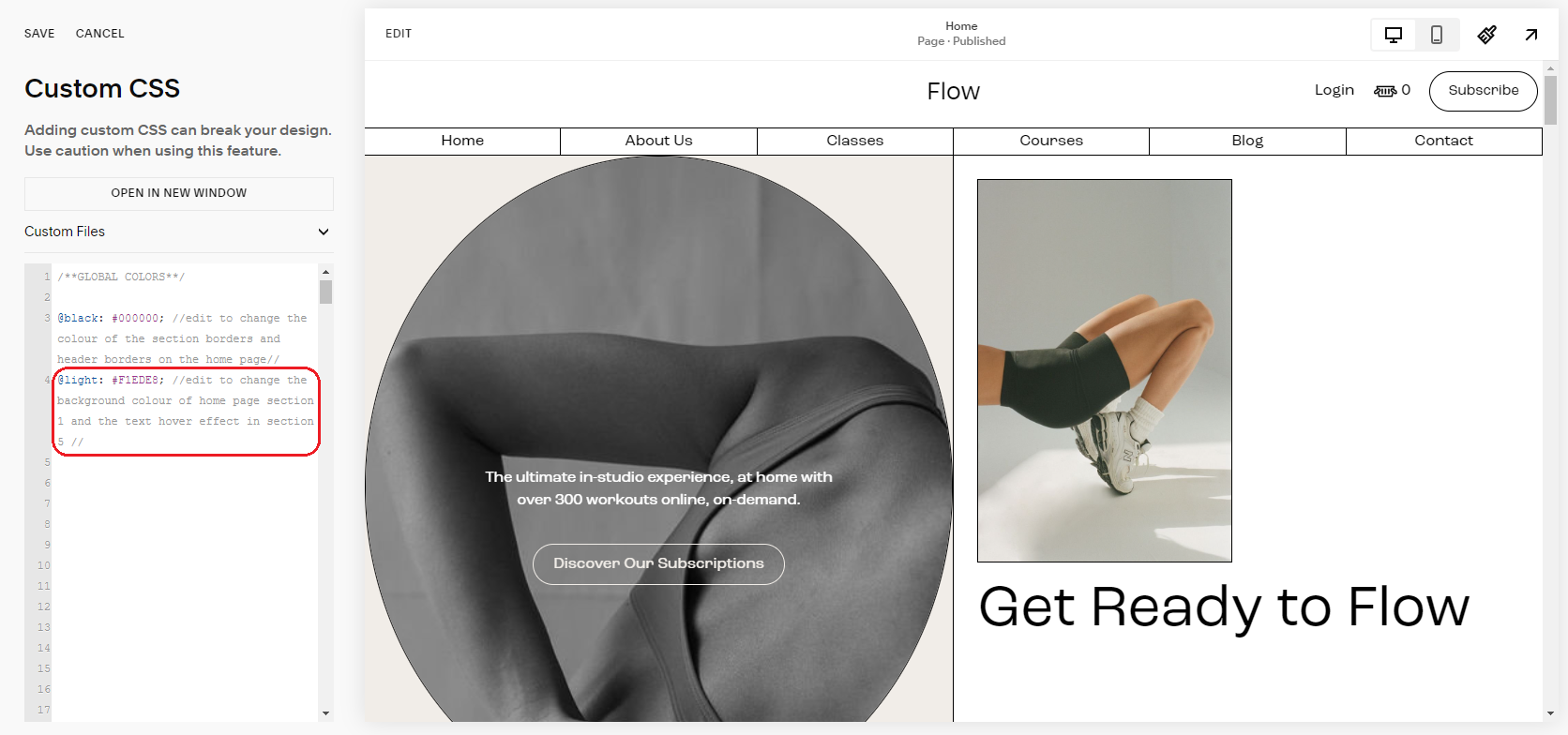 Screenshot of a webpage showing customizable CSS options on the left, a grayscale image of a person doing a yoga pose on the right, and a color photo of a person in gym clothes stretching. The webpage header reads "Flow" with menu options like Home, About Us, Classes, Courses, Blog, and Contact. There is a promotional message about in-studio and online workouts and a button labeled "Discover Our Subscriptions."