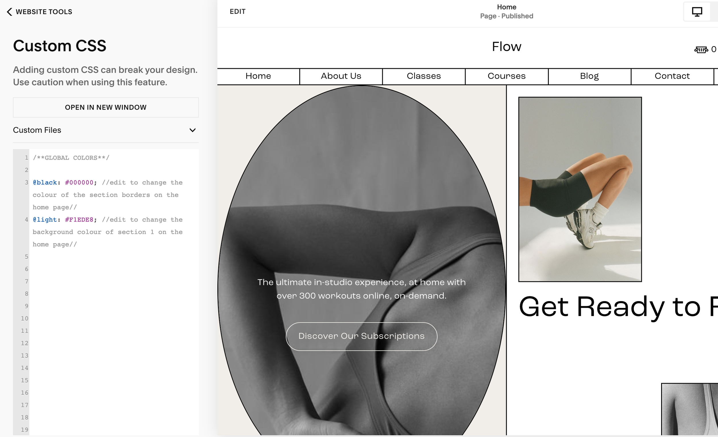 A website promoting custom in-studio workout experiences at home, featuring a woman in workout clothes and a fitness instructor with a subtitle highlighting over 300 online workouts.