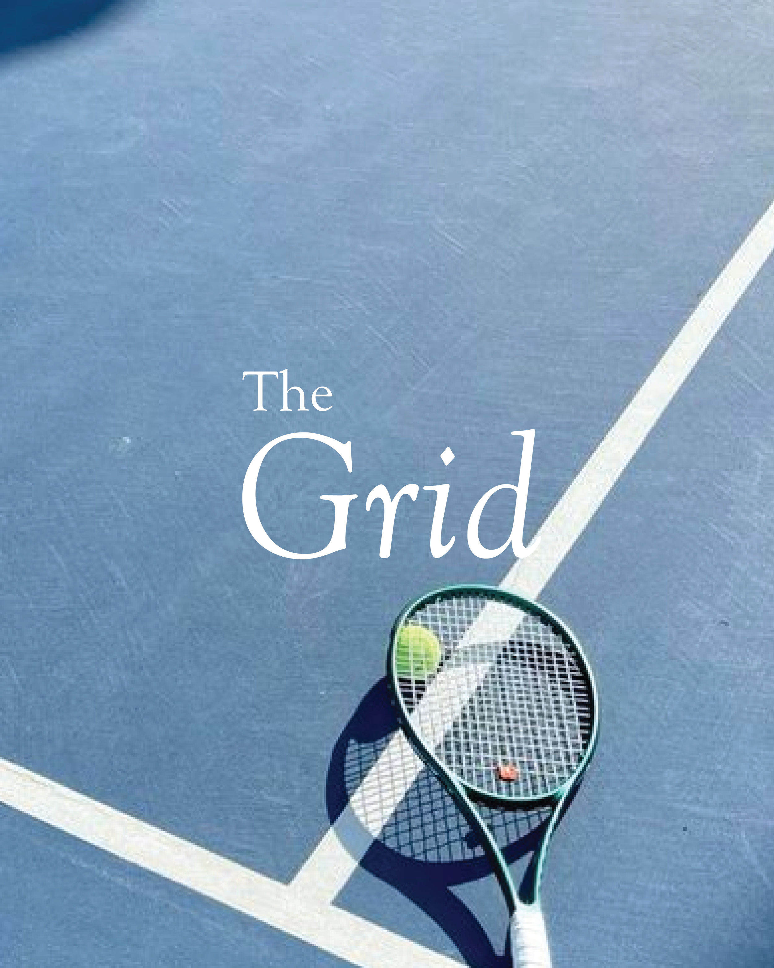 White text over image of a blue clay tennis court, tennis raquet and tennis ball.