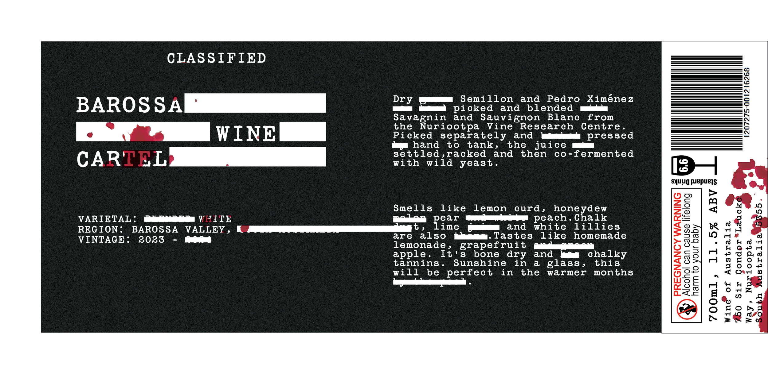 Black wine label with white text and rectangles, with red splattered on the label.