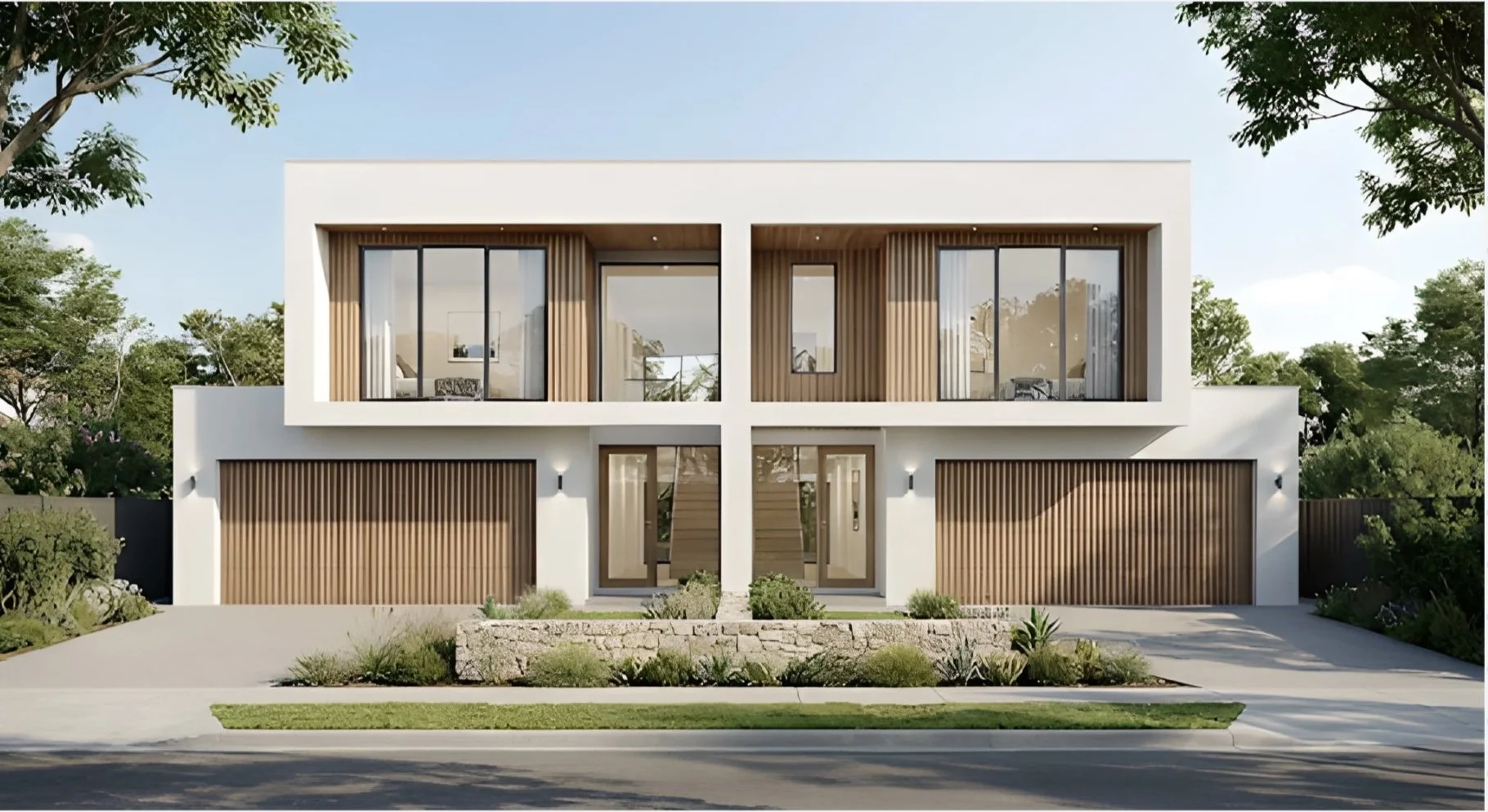 Modern two-story house with white exterior walls, large glass windows, and wooden accents, surrounded by greenery and trees.