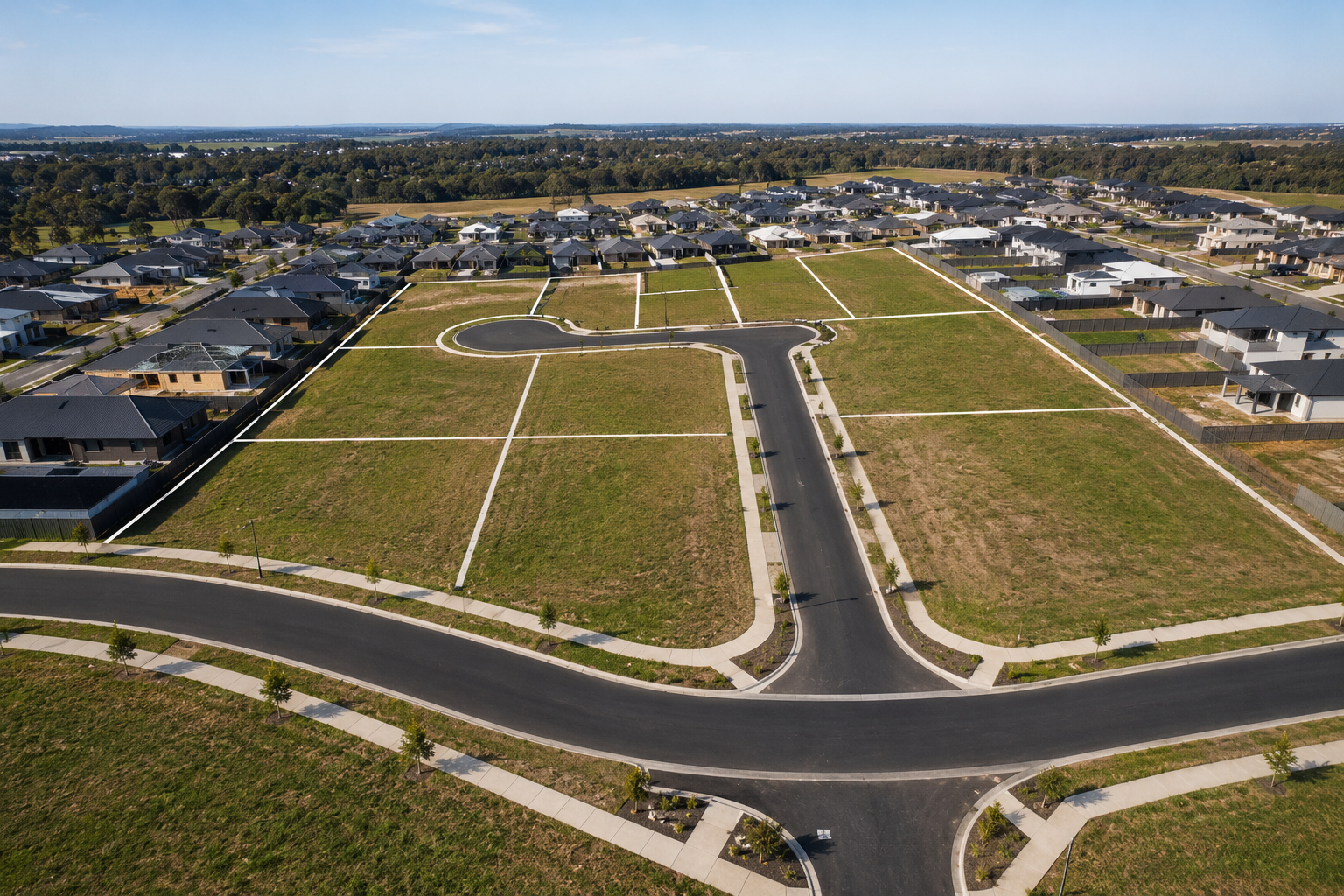 An aerial view of a suburban neighborhood under construction with empty lots, paved roads, and new houses.