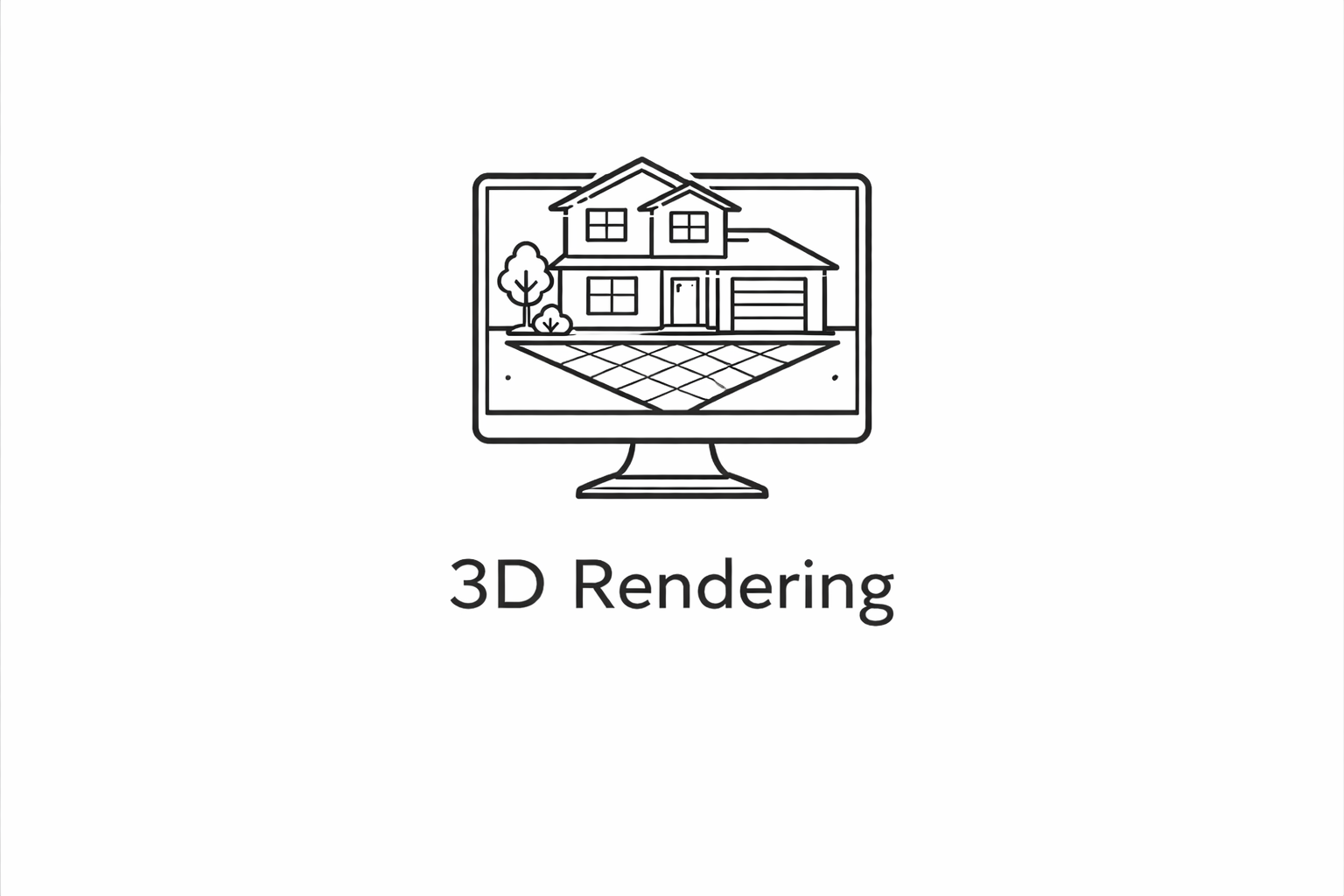 Illustration of a computer monitor displaying a 3D rendering of a house with trees and a driveway, with the text '3D Rendering' below the monitor.