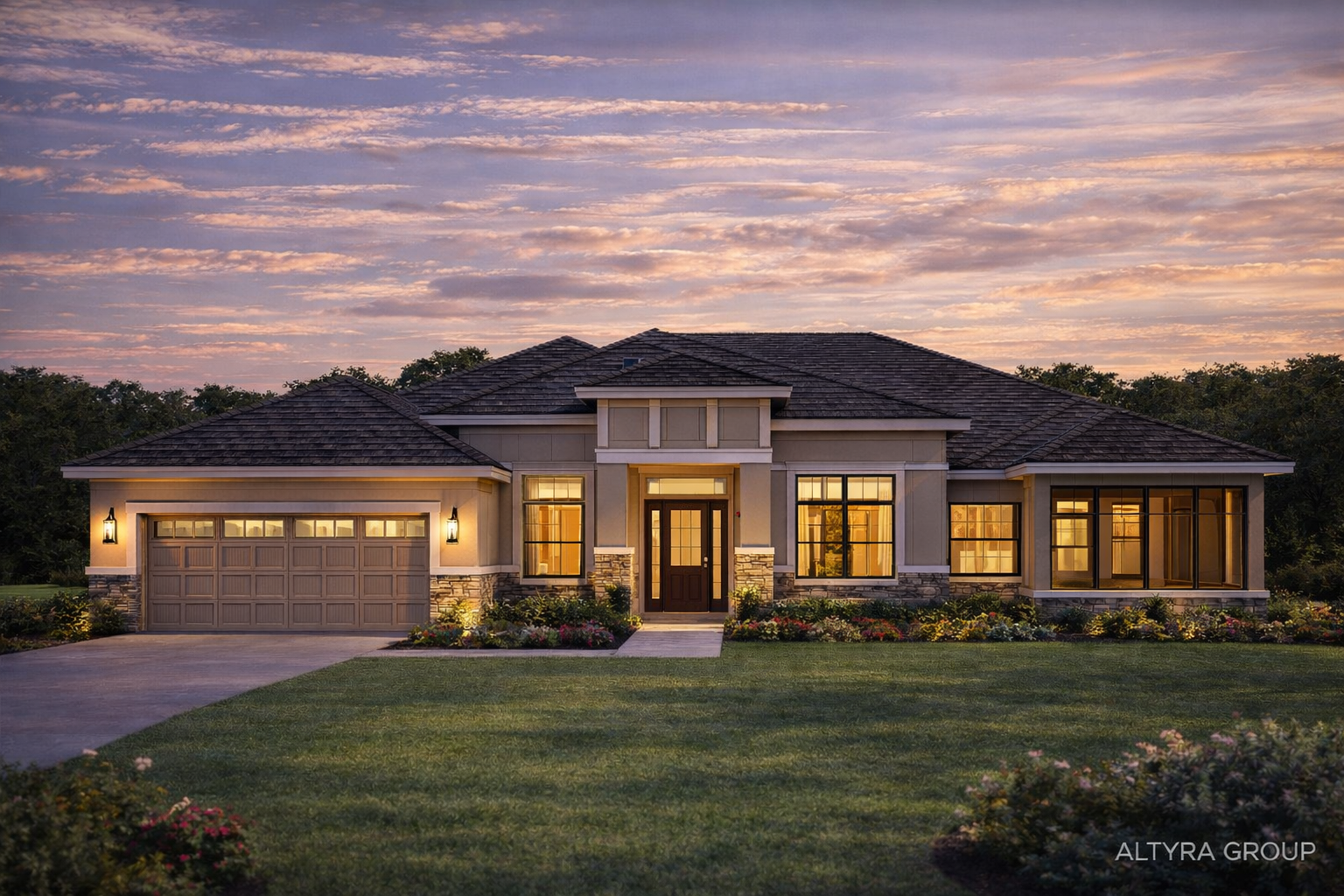 A modern, single-story house with a stone and stucco exterior, large windows, a two-car garage, and a well-manicured lawn at dusk.