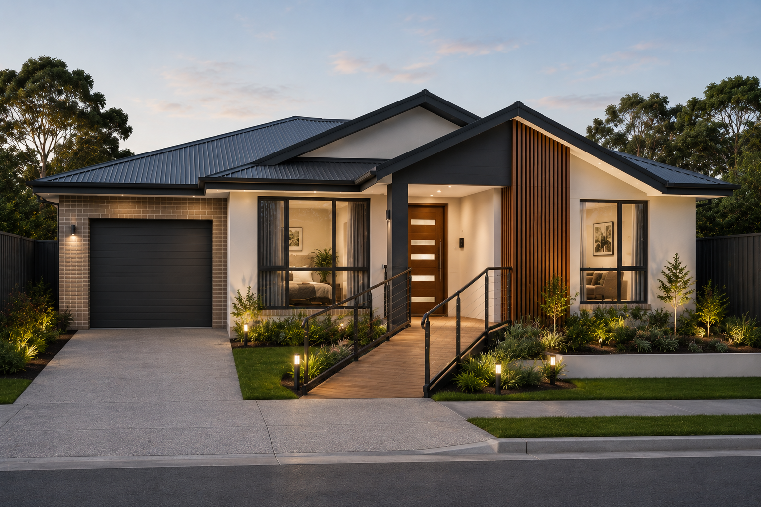 Modern single-story house with a black metal roof, white walls, large windows, and a wooden accent panel at the entrance, surrounded by landscaped garden lights and greenery during dusk.