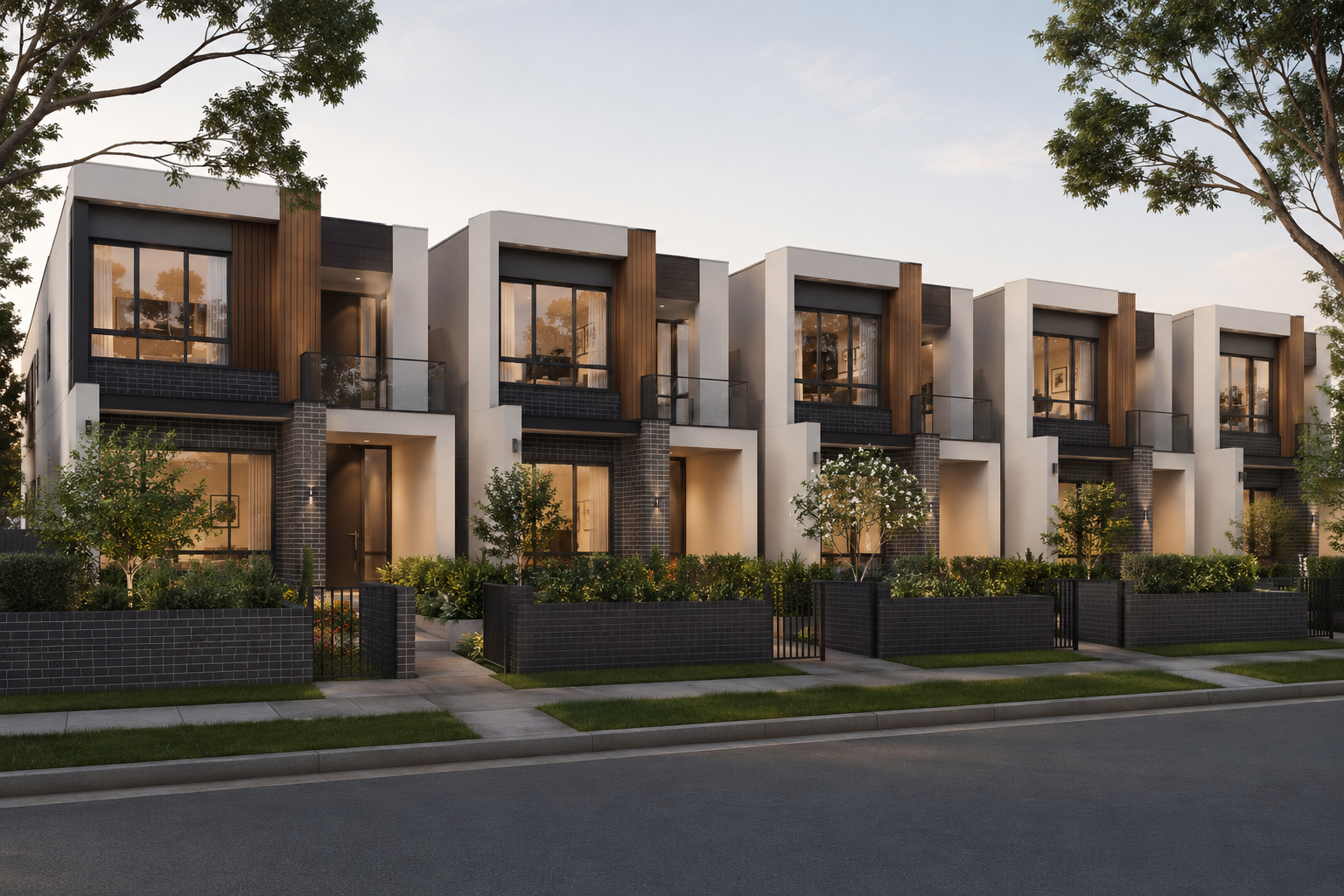 Modern row of townhouses with large windows, small front gardens, and a sidewalk in front, trees on both sides, during dusk.