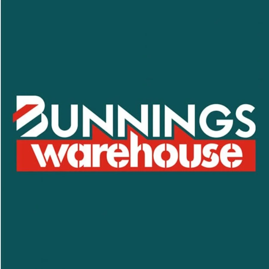Bunnings Warehouse logo with stylized text and red accents on a teal background.