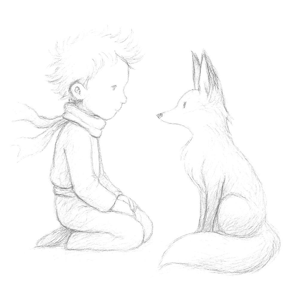 Sketch of a young person with spiky hair and a scarf sitting on the ground, facing a sitting fox with upright ears, both facing each other.