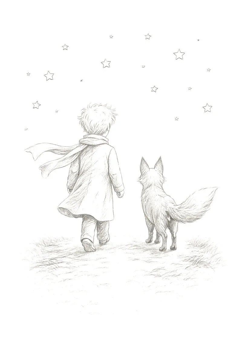 A child and a fox walking together under a starry sky, seen from behind, in a pencil sketch style.