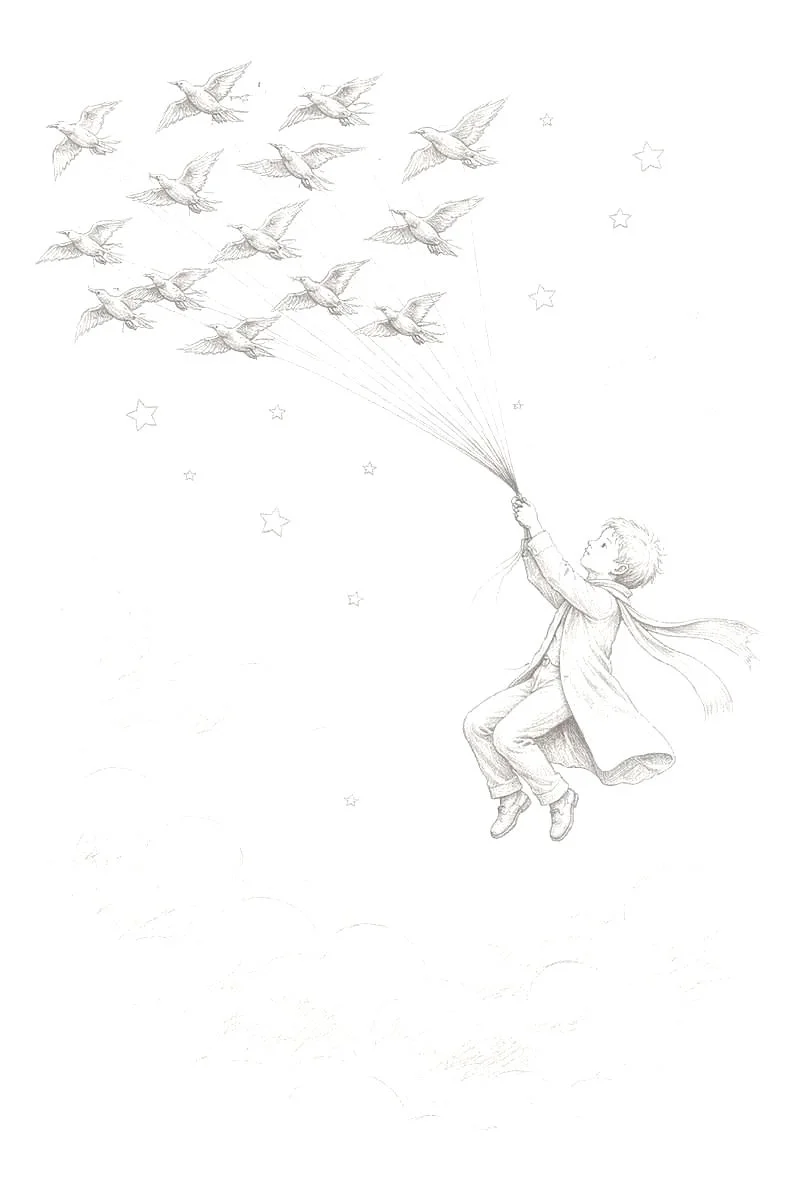 A boy in a coat and scarf holding strings tied to flying birds, with stars in the background.
