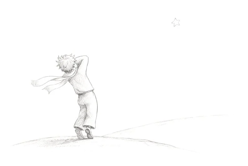 Sketch of a child standing on a hill, looking at a star in the night sky with a scarf around their neck blowing in the wind.