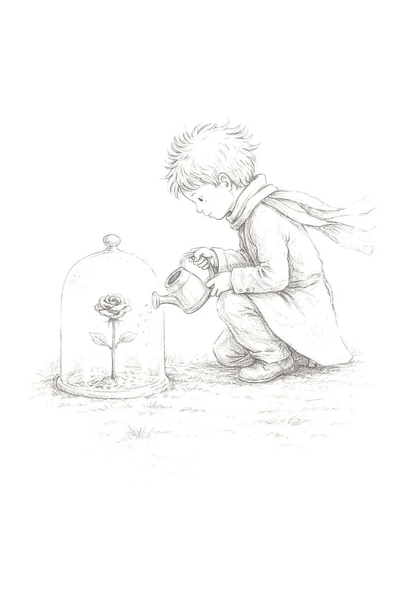 A young boy is kneeling on the ground, watering a single rose inside a glass dome.