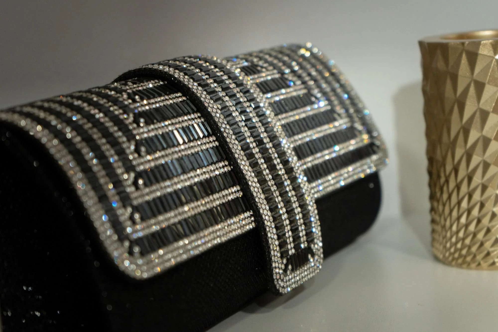 Black diamonte clutch bag with black beads