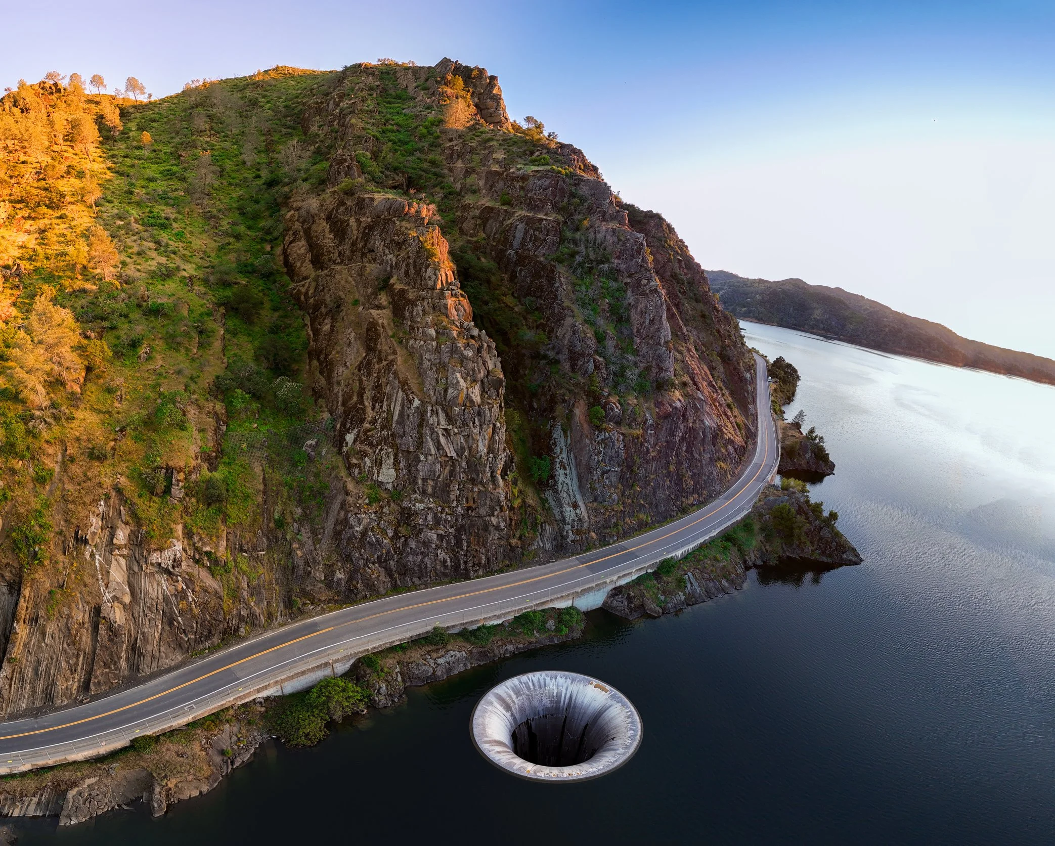 Vue aérienne d'une route sinueuse en bord d'un lac, avec une vallée montagneuse verdoyante et un trou géant ressemblant à un puit dans l'eau.