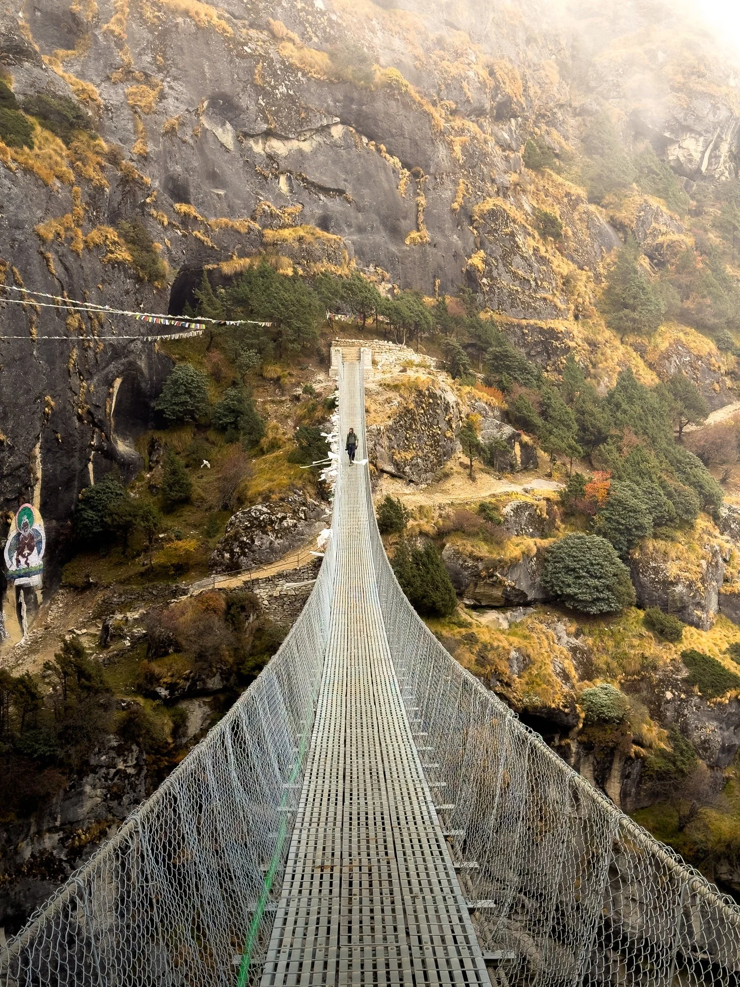 Passerelle suspendue en métal traversant un canyon avec des montagnes boisées en arrière-plan.