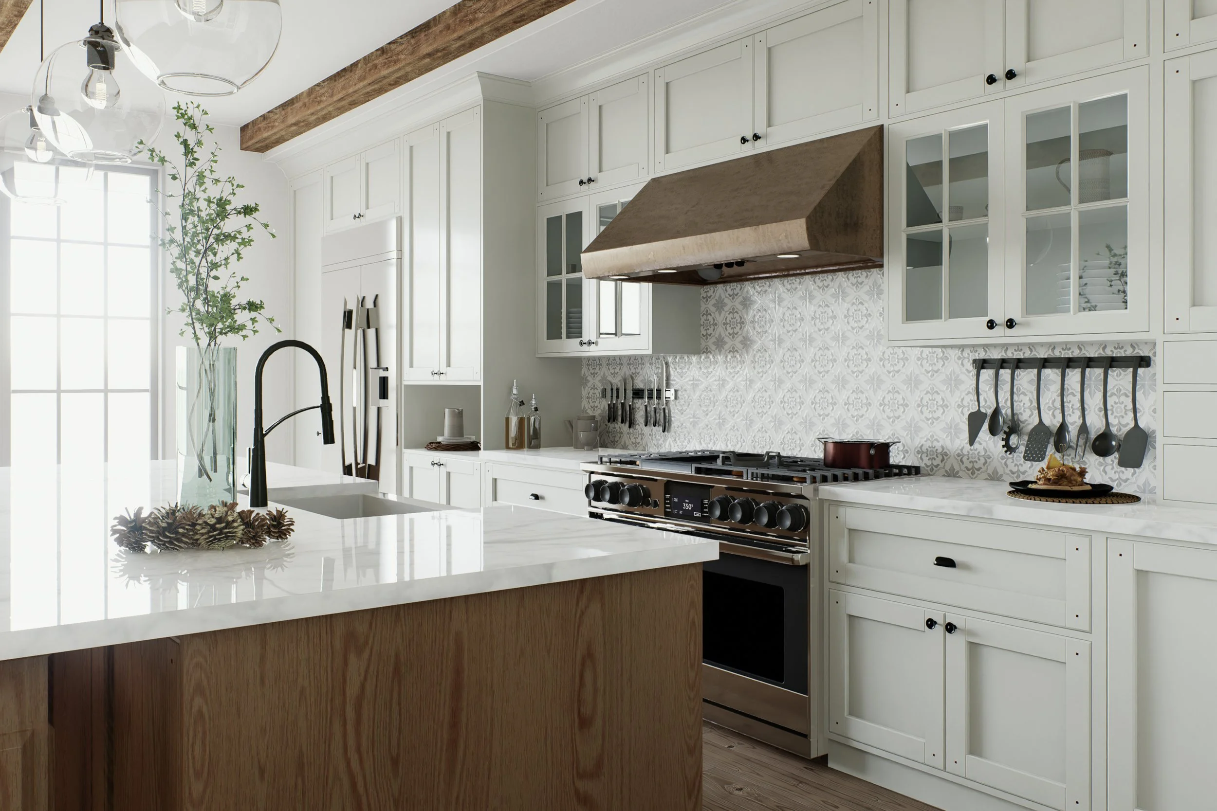 Modern white kitchen with wood accents, marble countertops, and stainless steel appliances.