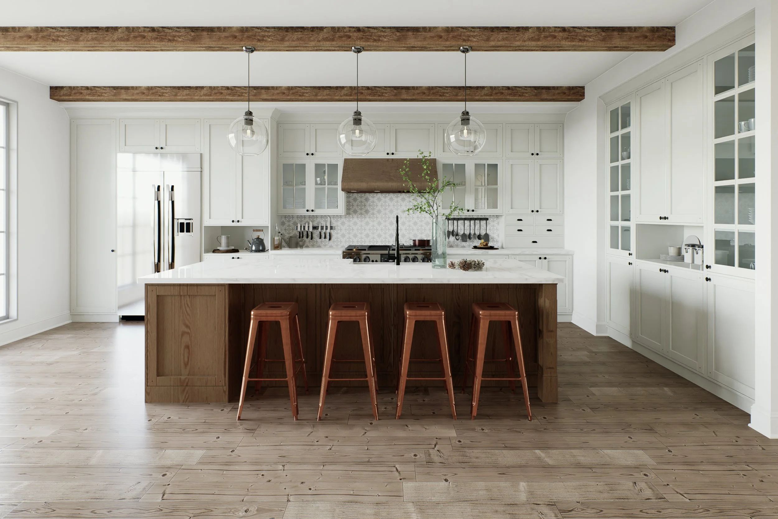 Wood and white kitchen with ceiling beams and large island with seating for four people. Modern farmhouse meets traditional. Clean aesthetic.