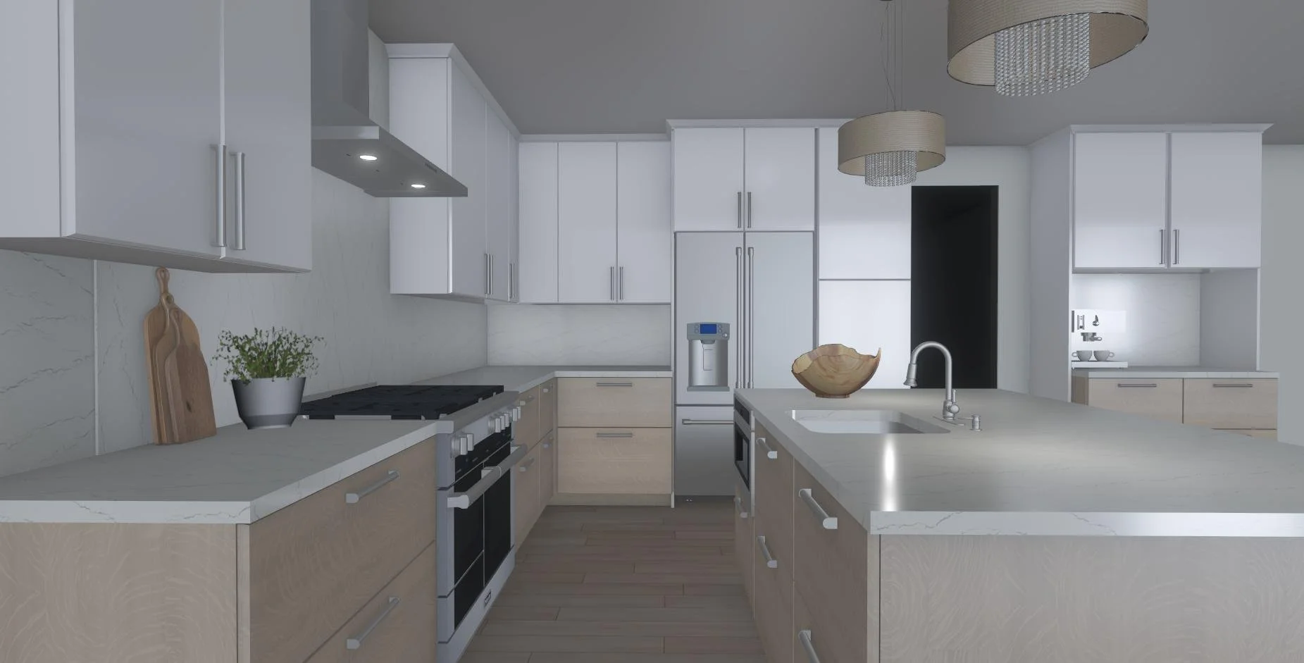 Soft modern kitchen with rift cut white oak and gloss white European style full access cabinets and quartz countertops. Example of the type of rendering available to our clients.