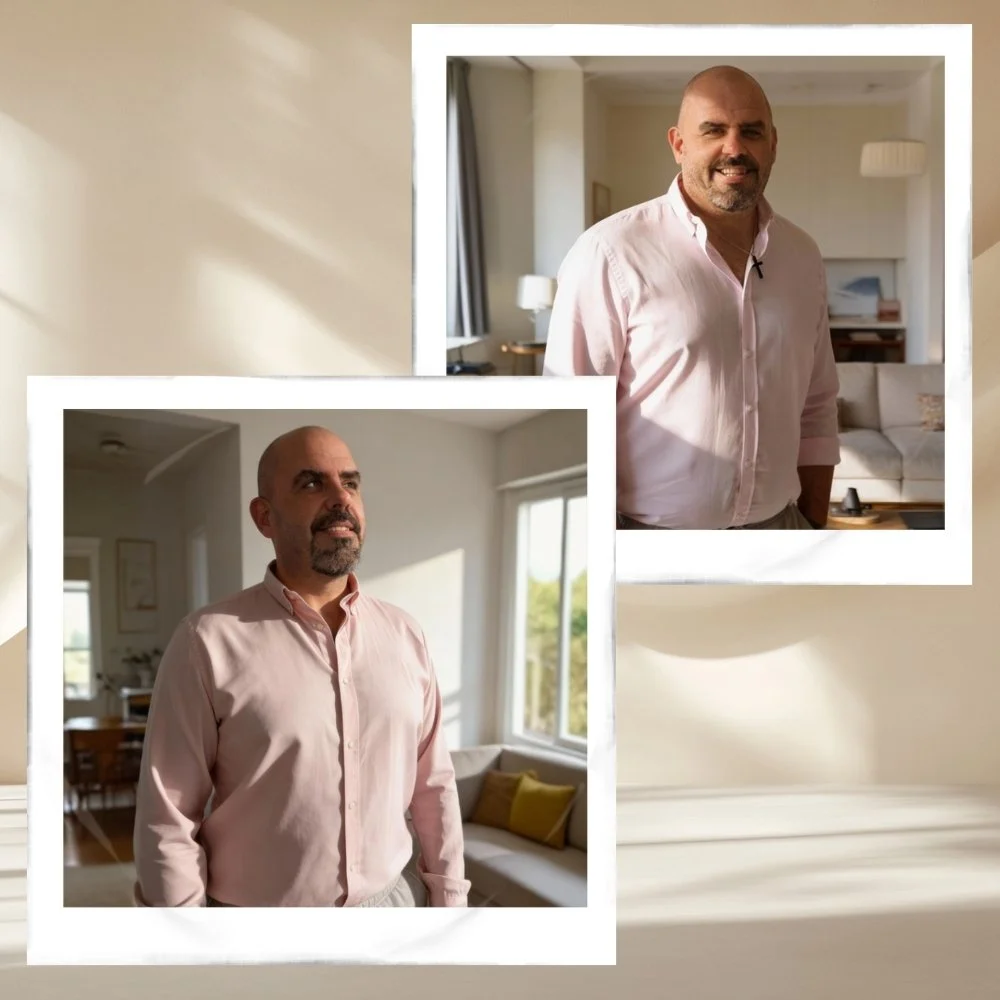 Zwei Männer in einem hellen Apartment, beide tragen hellrosa Hemden, einer steht im Hintergrund, der andere im Vordergrund, beide lächeln.