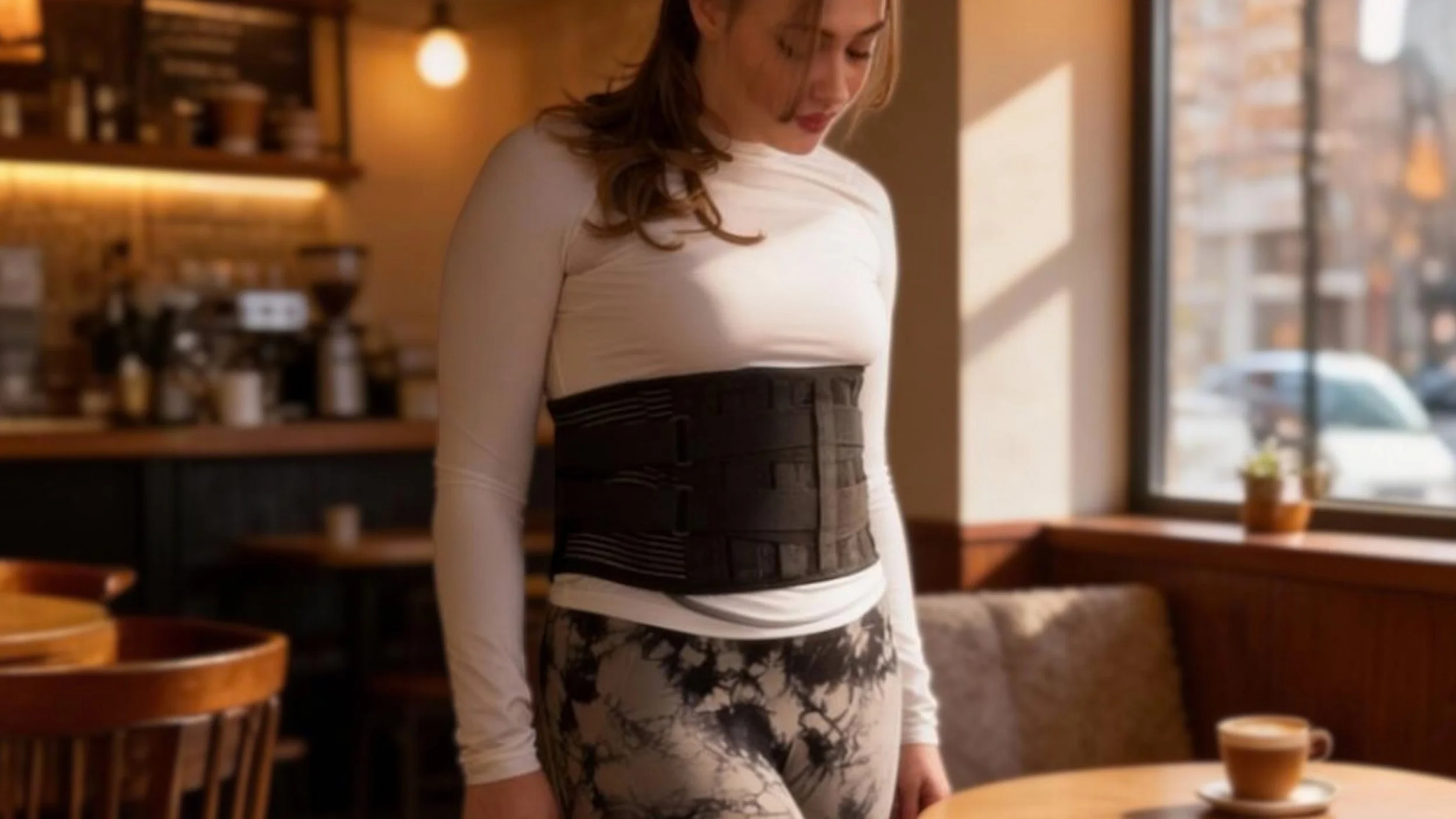 Frau trägt den Balance Alligator Gürtel in einem Café.