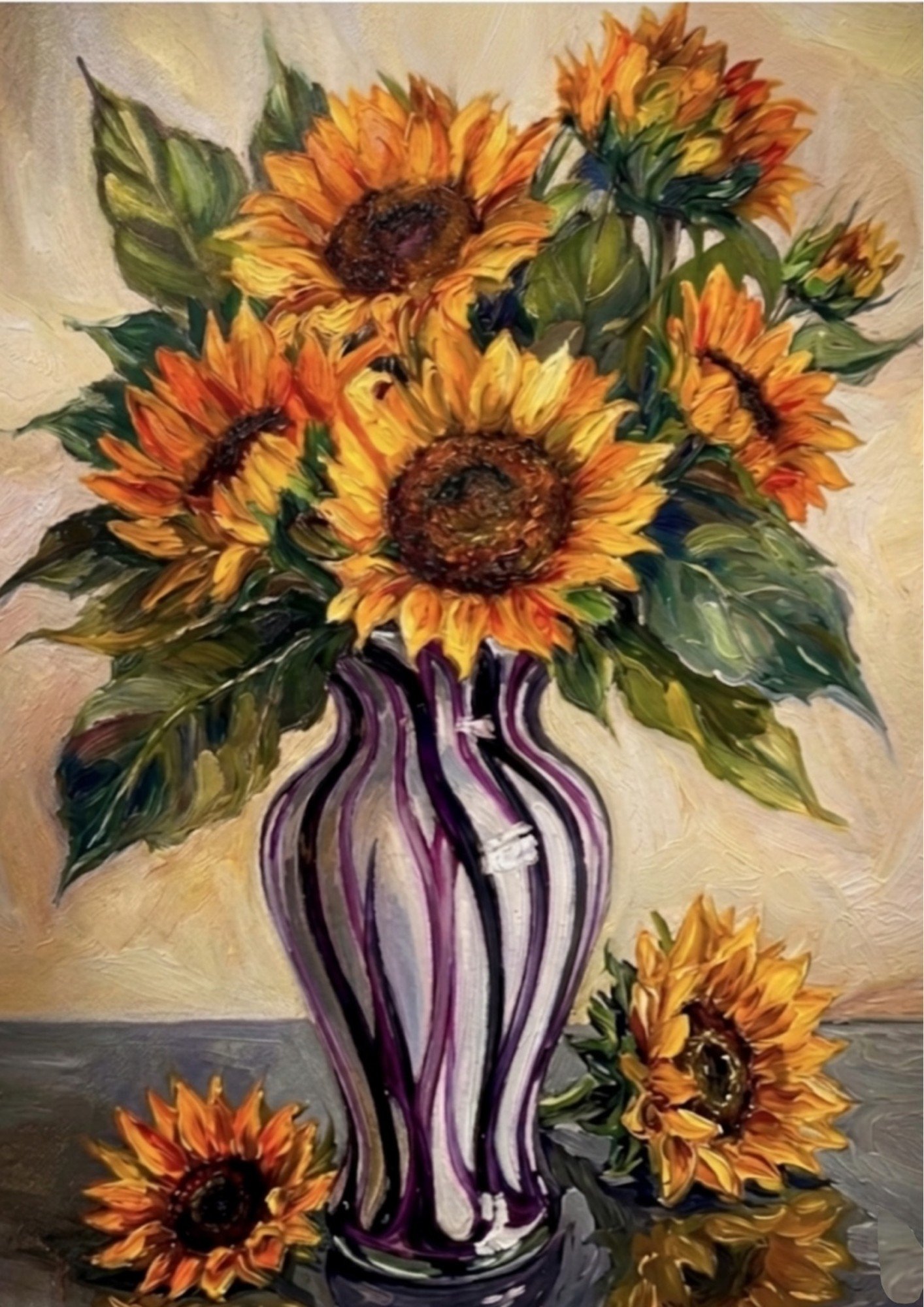 Infuse your space with the radiant warmth of this framed modern sunflower print. Featuring golden hues and a striped glass vase, our archival giclée prints offer museum-grade beauty.