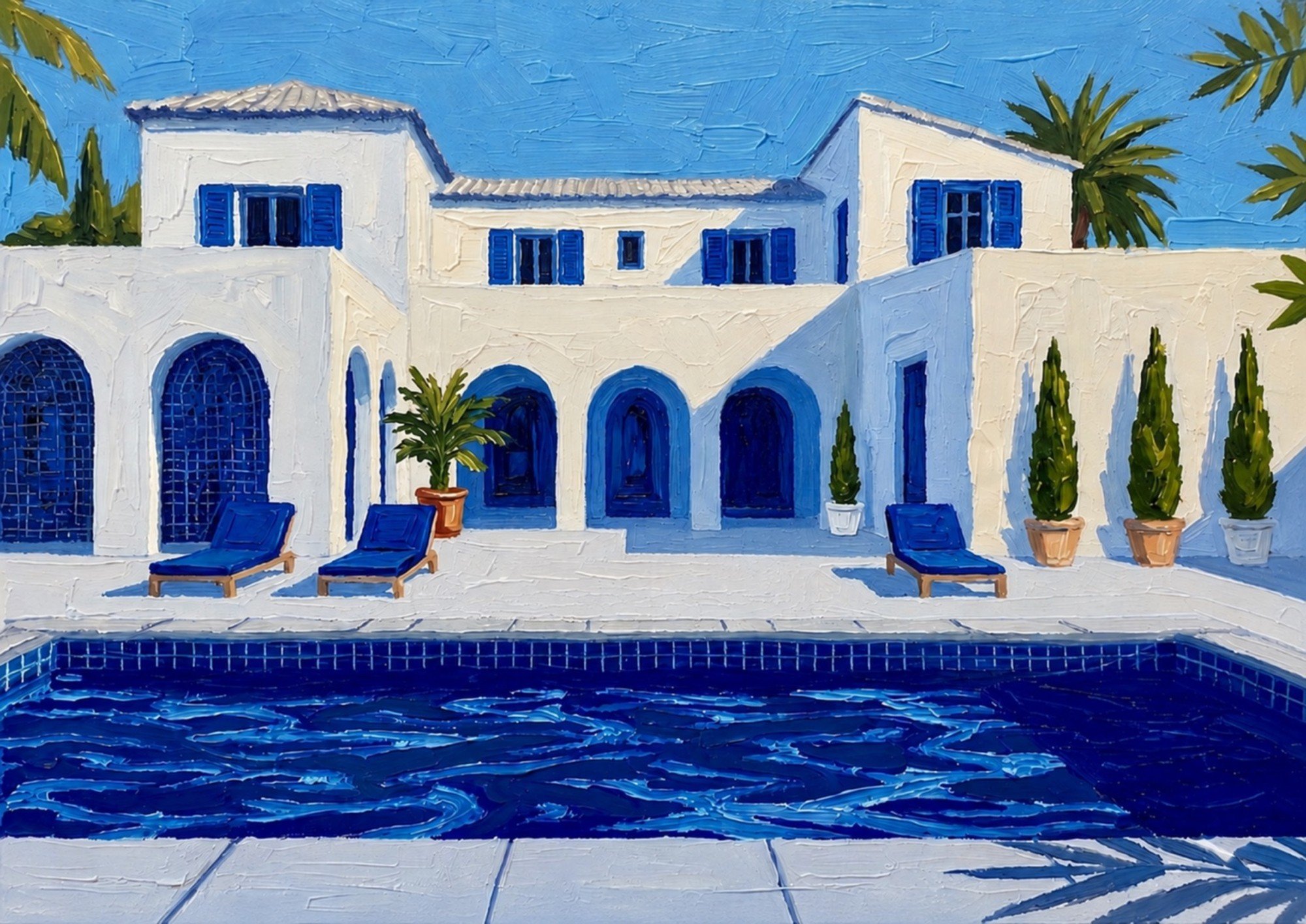 Transport yourself to a sun-drenched sanctuary. This framed archival giclée print beautifully captures the heavy knife texture and crisp blue-and-white tones of a luxury villa.