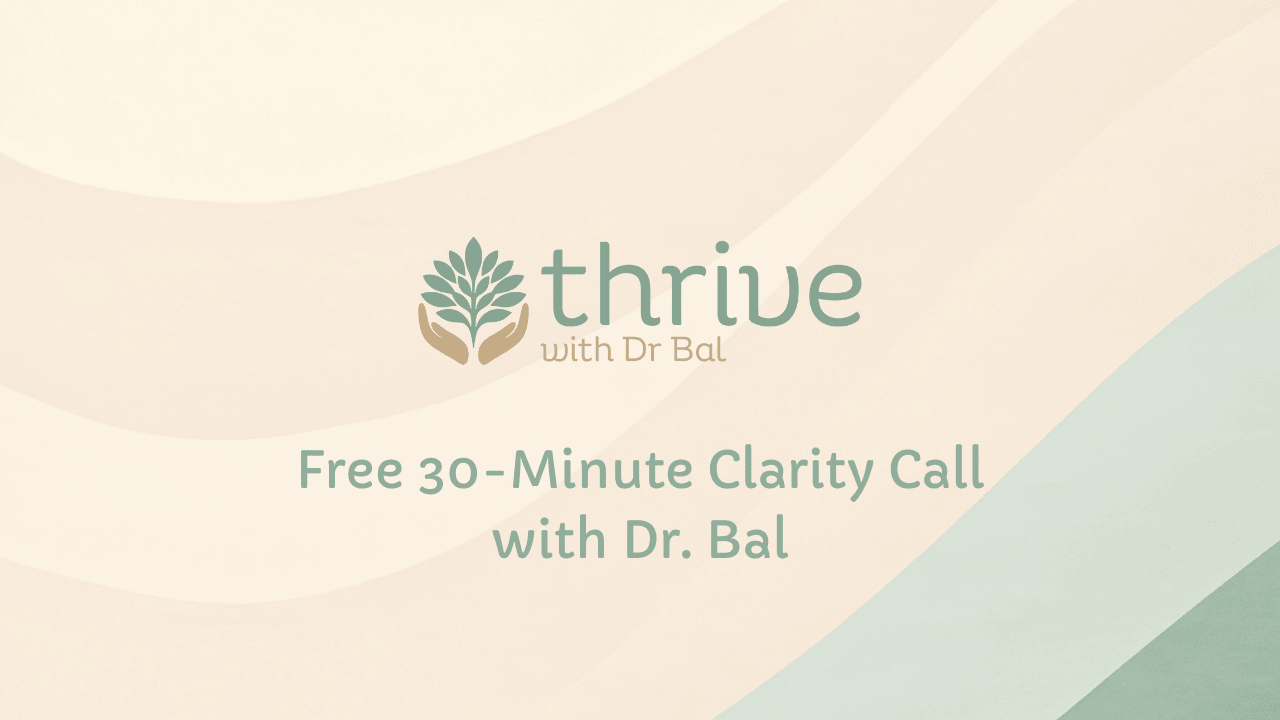 Promotional graphic for a free 30-minute clarity call with Dr. Bal, featuring a simplistic logo of a plant with hands.