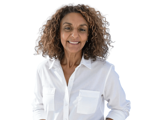 Smiling woman with curly hair wearing a white button-up shirt.