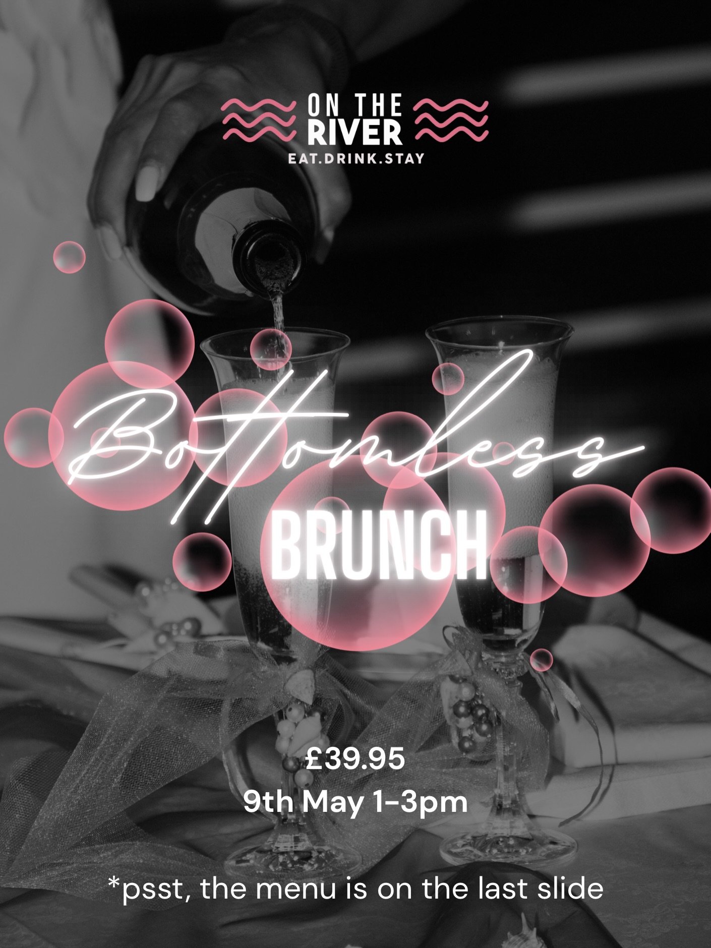 We are ecstatic to bring this one to On The River - our first Bottomless Brunch. 

Bottomless Brunch on the 9th May, between 1-3pm, including selected bottomless cocktails and prosecco with music from DJ Jimmy Love, pumping out some nostalgic dancefl