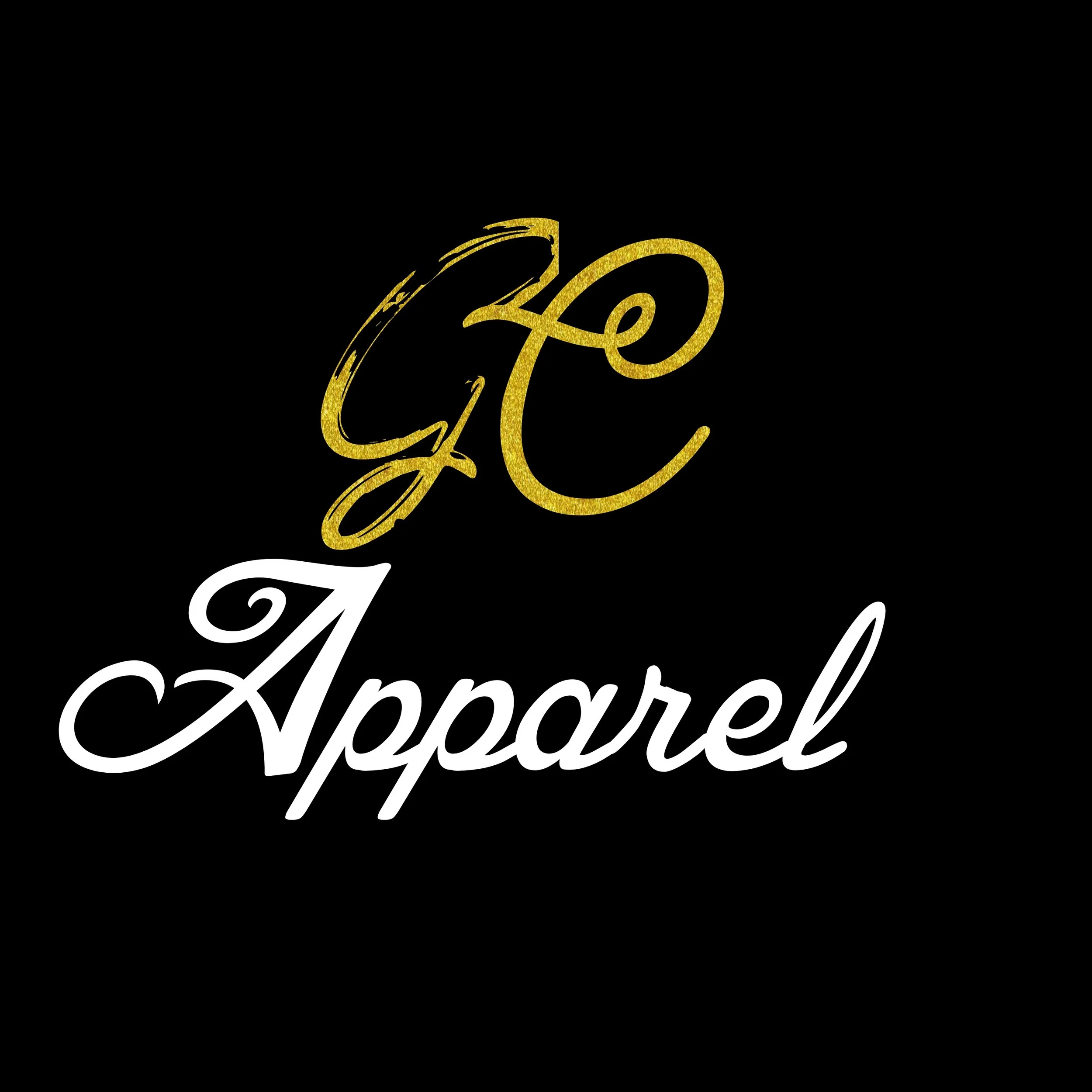Black background with gold cursive letters 'GC' and white cursive word 'Apparel'.