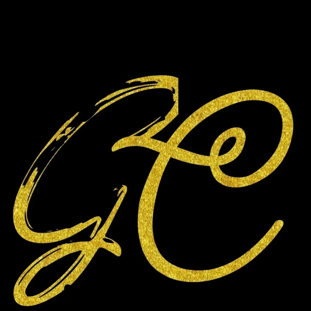 Gold cursive initials 'GC' on a black background.
