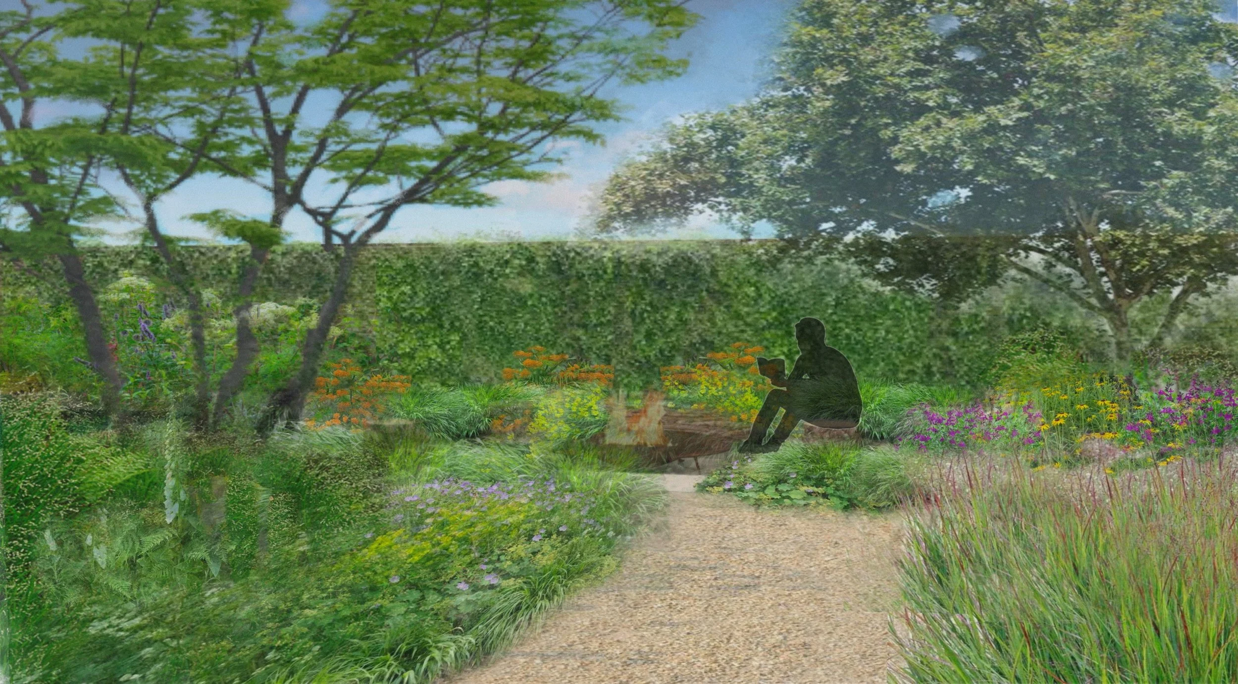 A person sitting on a park bench in a lush garden with trees, colorful flowers, and a gravel pathway.