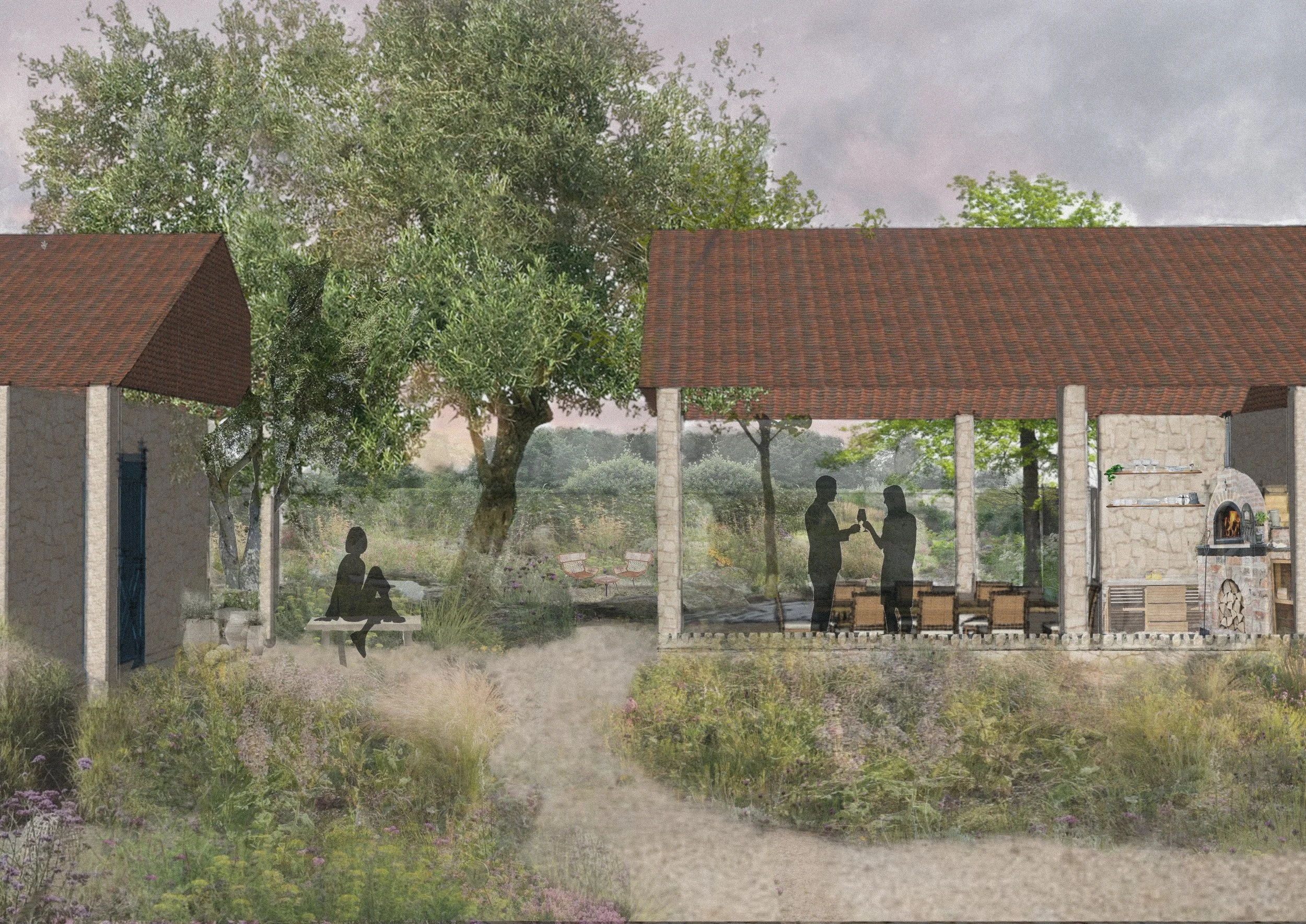 A composite of a garden and a screened porch with historical-style structures. The garden features a dirt pathway, purple and yellow wildflowers, and trees. Inside the screened porch, there are silhouettes of two people exchanging a drink, a woman sitting on a bench in the garden, and various outdoor furniture and a brick pizza oven.